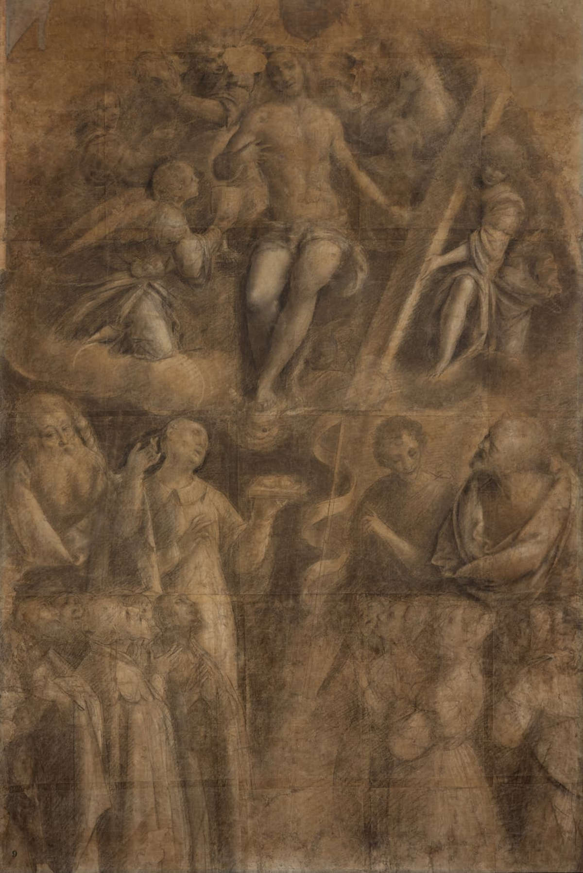 Bernardino Lanino, Christ avec les instruments de la Passion, les anges, les saints et les dévots (1543-1546 ; fusain avec utilisation de sfumino, de craie, de mine blanche et de crayon ; Turin, Pinacothèque Albertine, inv. 309)