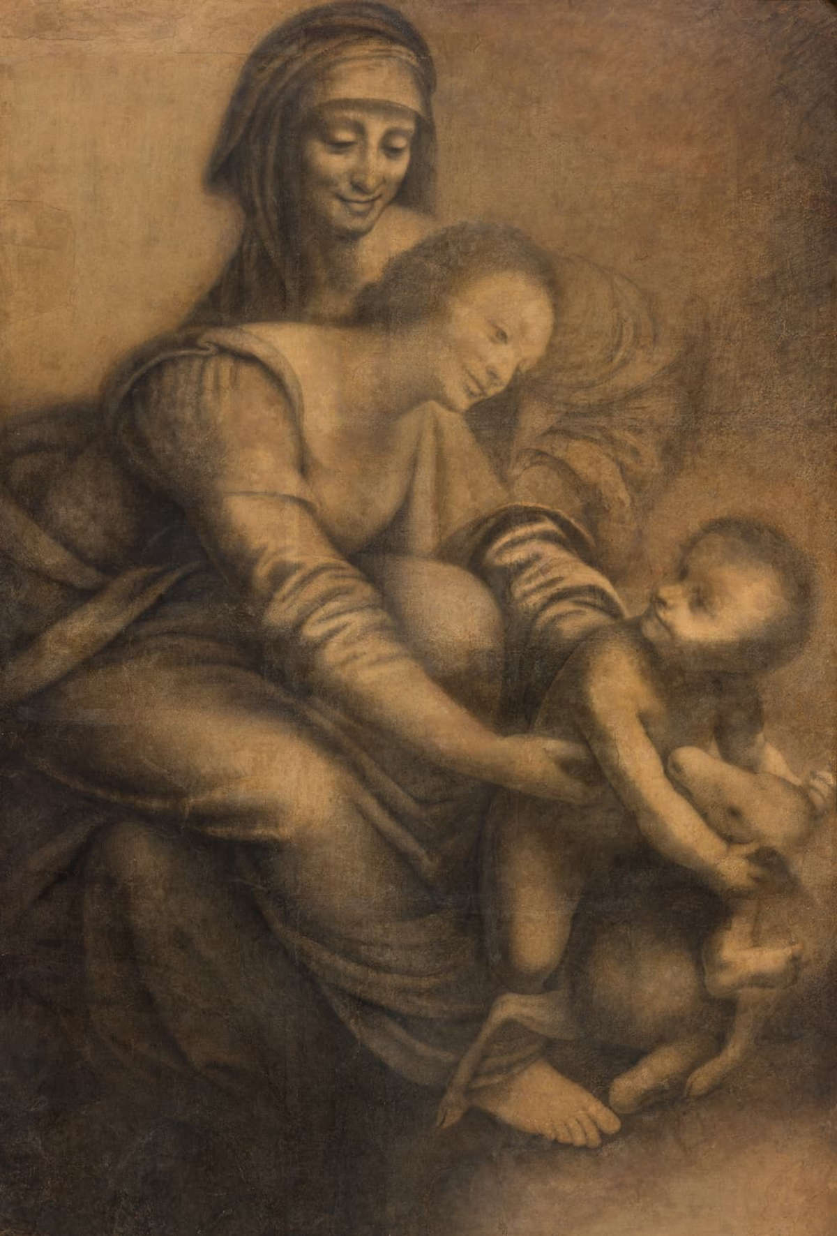 Bernardino Lanino, Vierge à l'enfant avec sainte Anne (v. 1539-1543 ; fusain, sépia, traces de rehauts de mine blanche, crayon ; Turin, Pinacothèque Albertine, inv. 348)
