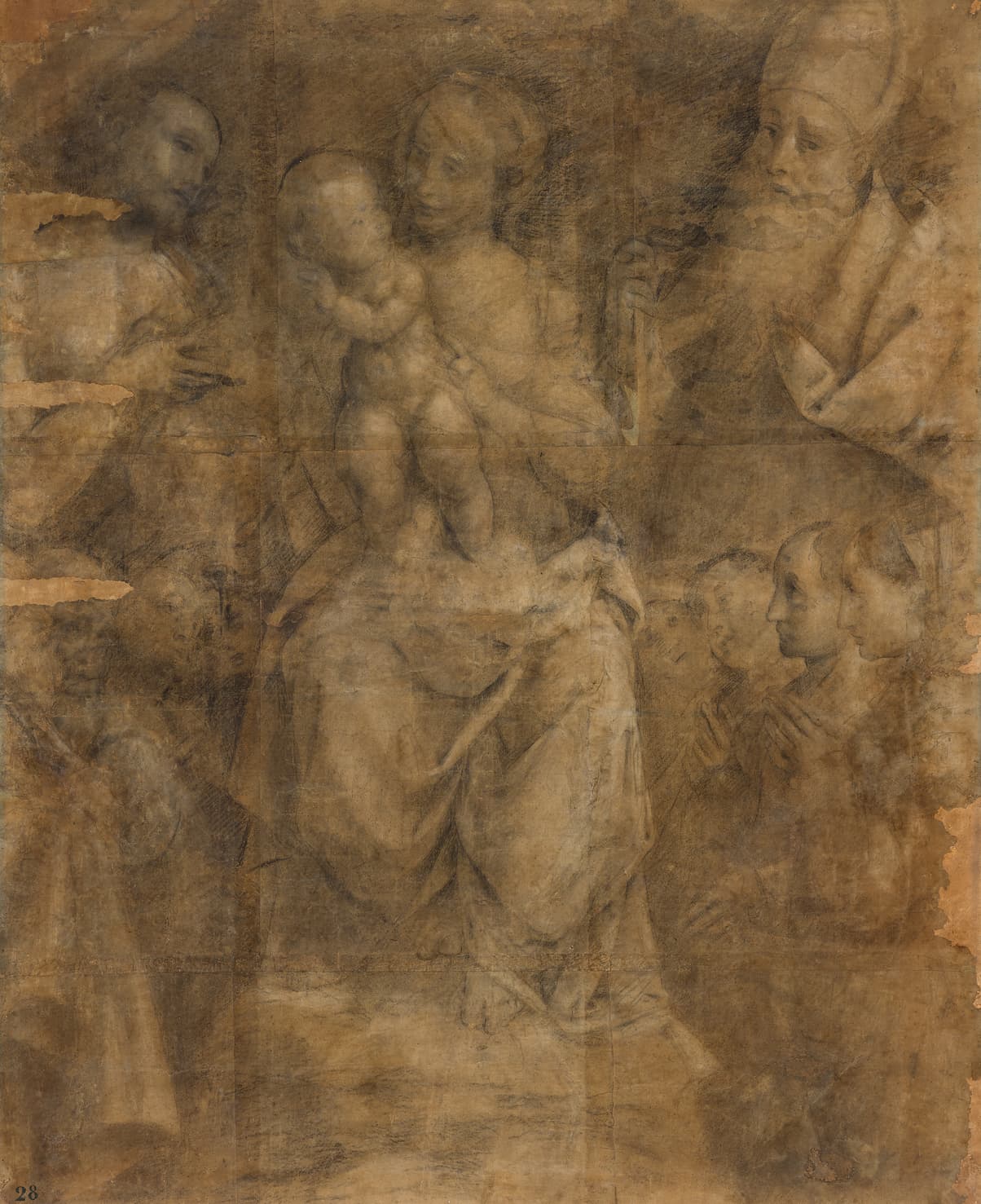 Bernardino Lanino, Vierge à l'enfant entre des saints et des dévots (vers 1545 ; fusain, aquarelle sépia, craie et crayon ; Turin, Pinacothèque Albertine, inv. 328)