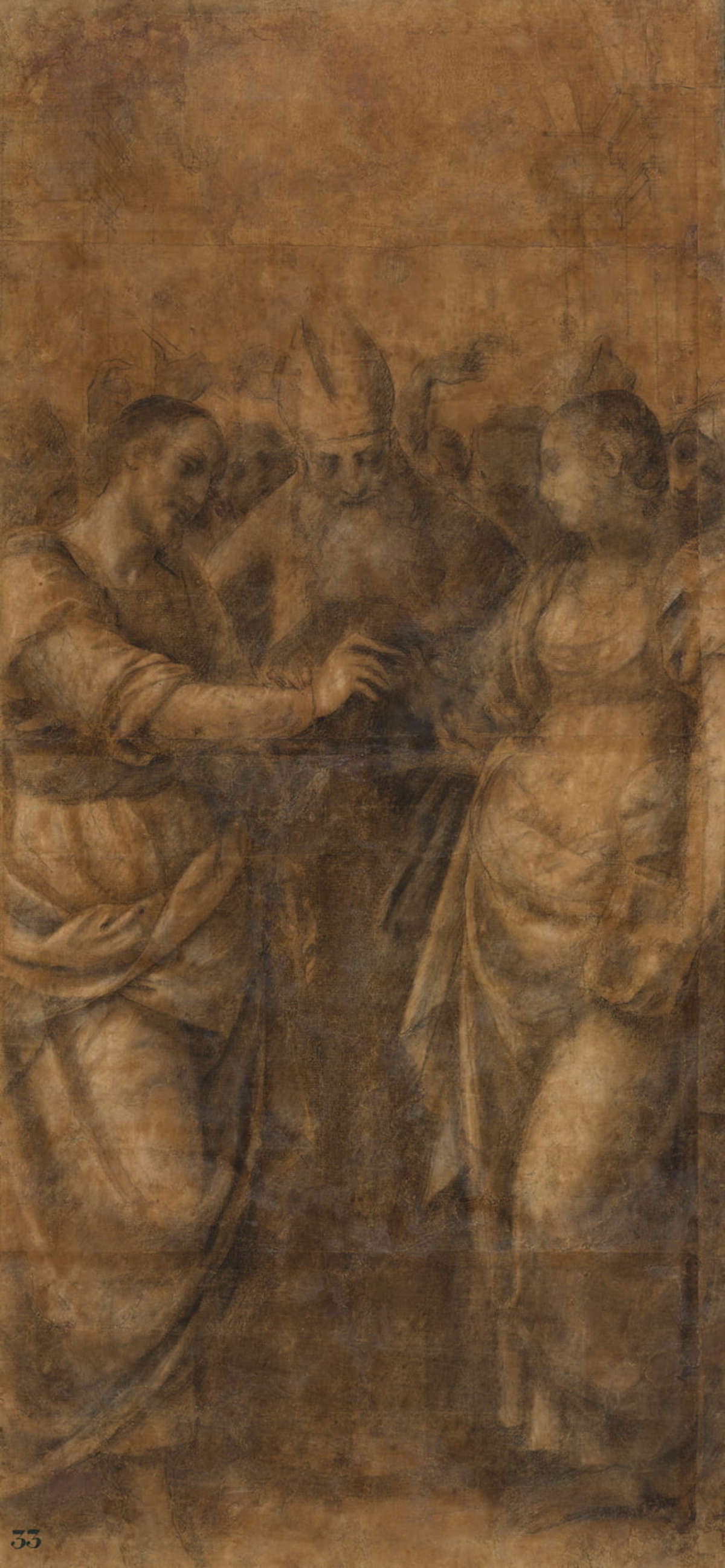 Bernardino Lanino, Mariage de la Vierge (v. 1553-1556 ; fusain, aquarelle sépia, craie, mine de plomb et crayon ; Turin, Pinacothèque Albertine, inv. 333)