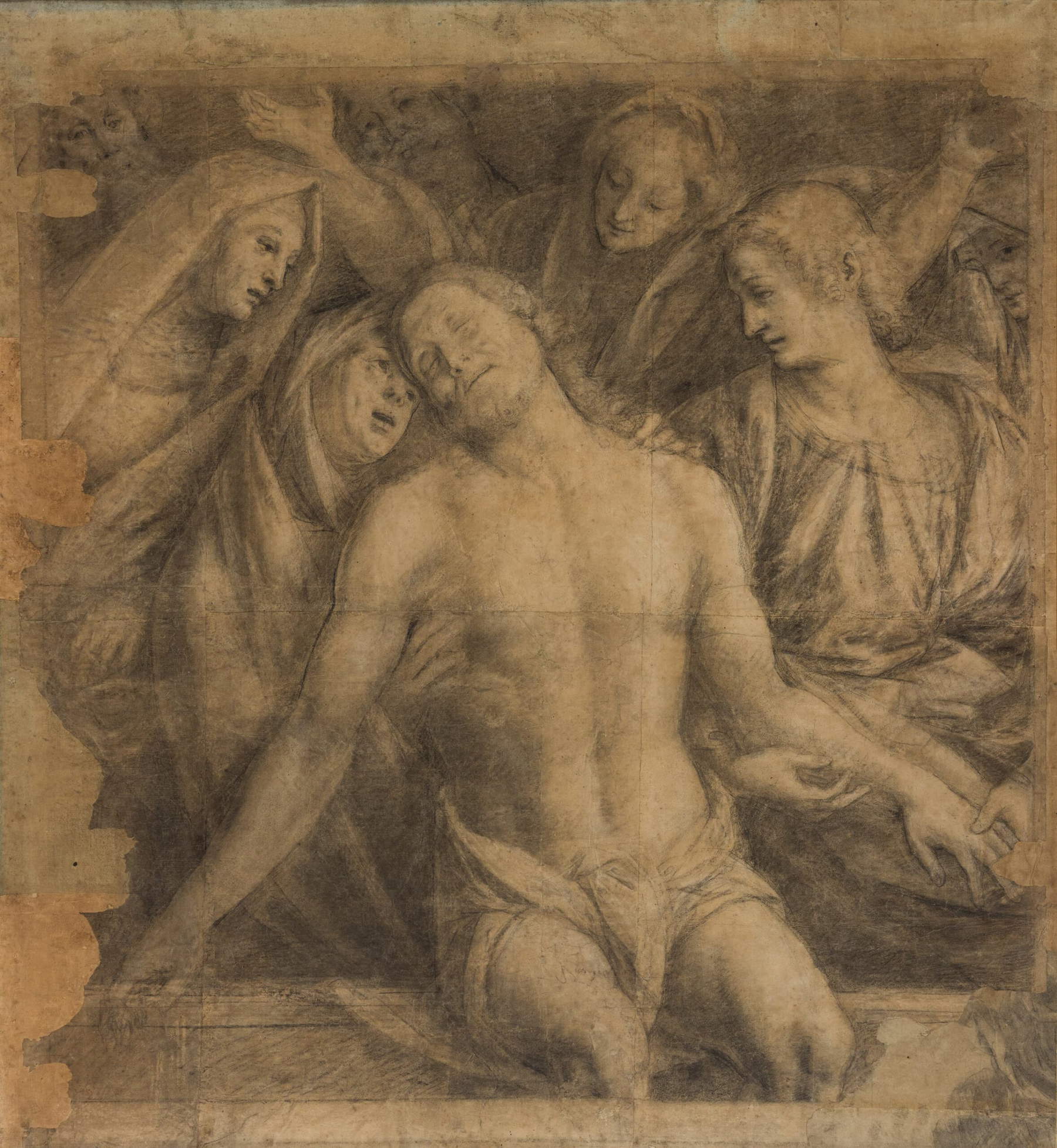 Gaudenzio Ferrari, Lamentation sur le Christ mort (vers 1536-1537 ; fusain et crayon noir avec élévation à la craie ; Turin, Pinacothèque Albertine, inv. 323)