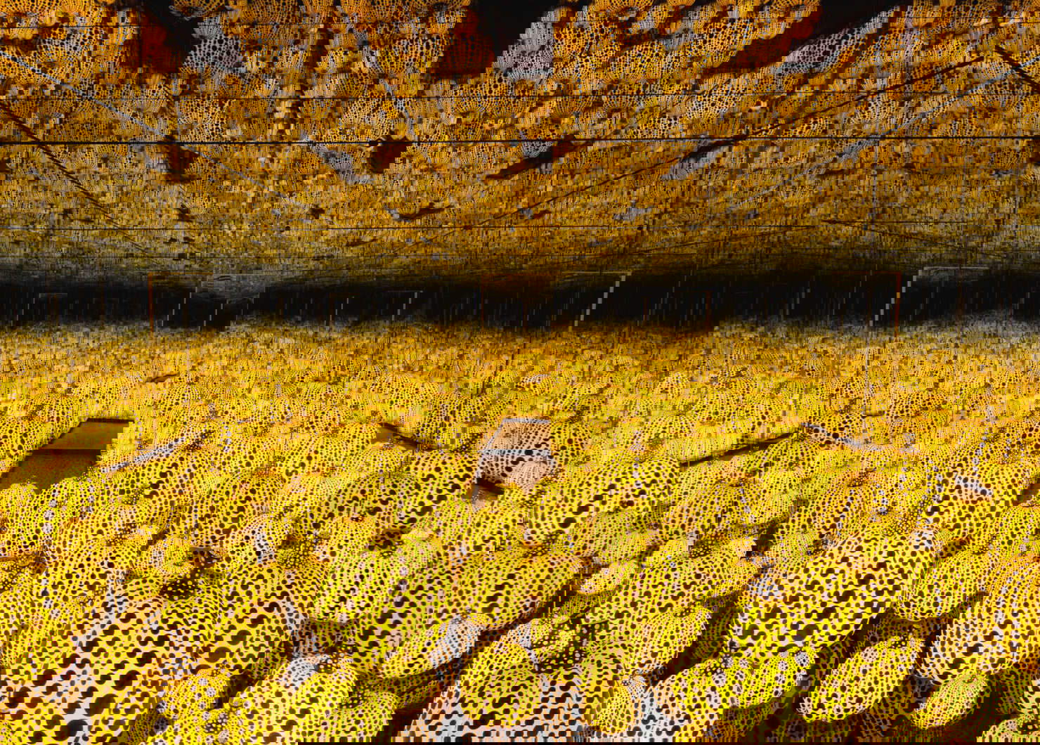 Yayoi Kusama, Todo el amor eterno que tengo por las calabazas (2016; madera, espejos, plástico, vidrio y LED). Yayoi Kusama, Todo el amor eterno que tengo por las calabazas (2016; madera, espejos, plástico, vidrio y LED).