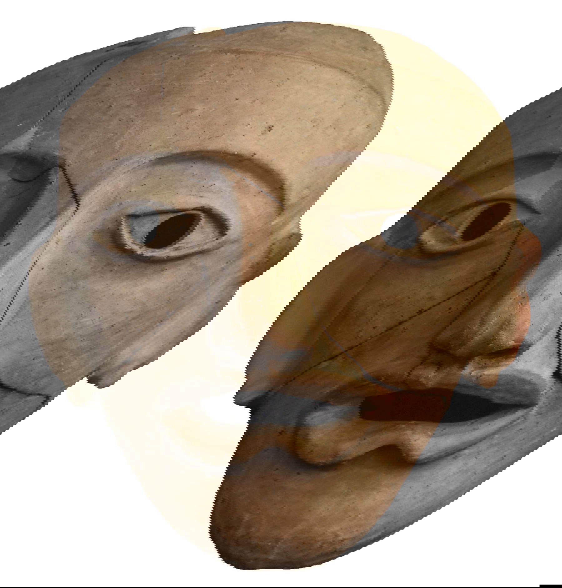 Máscara de arcilla de actor de Megara Hyblaea (primer cuarto del siglo V a.C.; arcilla; Siracusa, Parque Arqueológico y Paisajístico de Siracusa, Eloro, Villa del Tellaro y Akrai - Museo Arqueológico Regional Máscara de arcilla de actor de Megara Hyblaea (primer cuarto del siglo V a.C.; arcilla; Siracusa, Parque Arqueológico y Paisajístico de Siracusa, Eloro, Villa del Tellaro y Akrai - Museo Arqueológico Regional