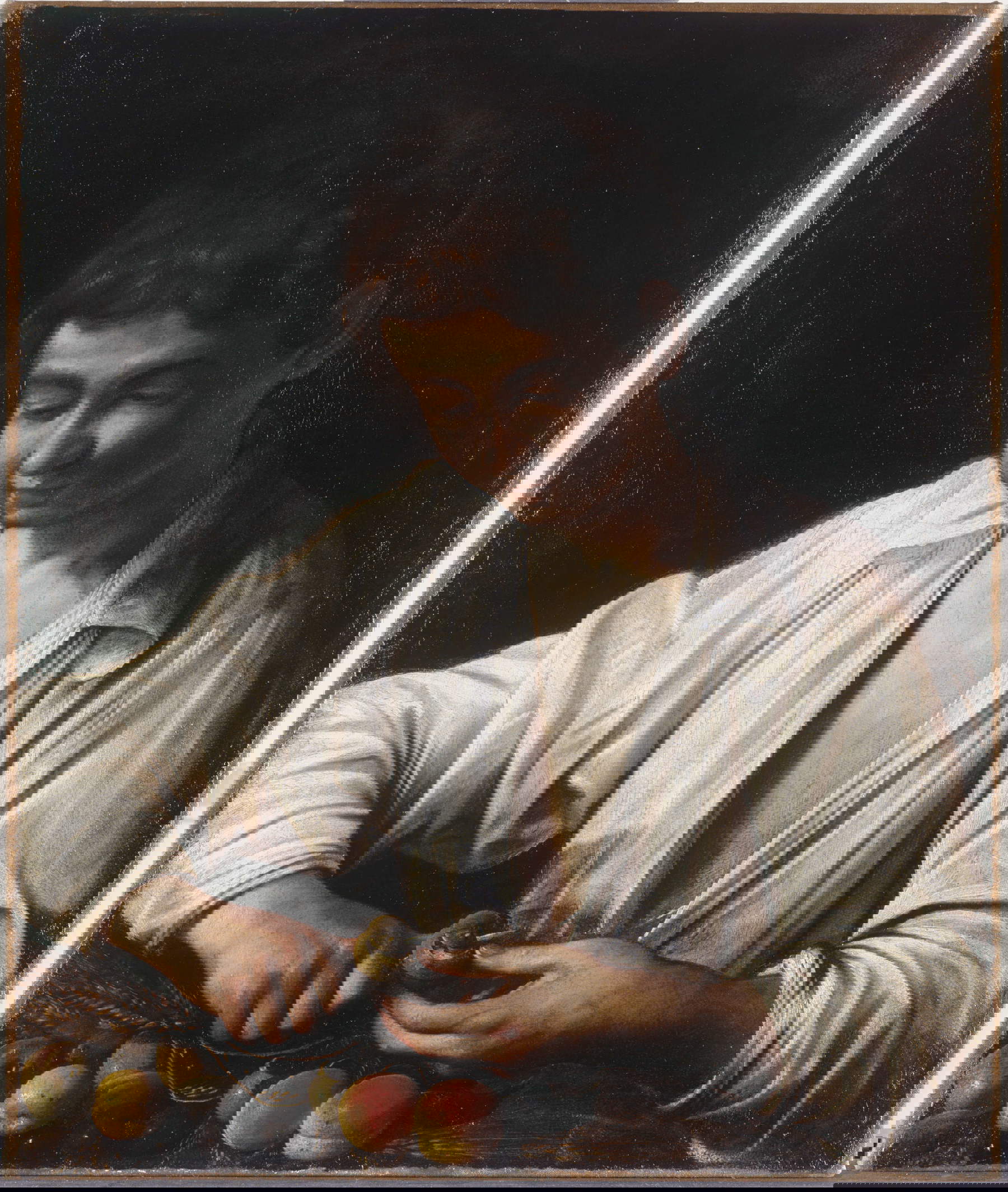 Caravaggio (zugeschrieben), Mondafrutto (um 1595-1596; Öl auf Leinwand, 63 x 53 cm; London, Hampton Court Palace, The Royal Collection / H.M. King Charles III) Caravaggio (zugeschrieben), Mondafrutto (um 1595-1596; Öl auf Leinwand, 63 x 53 cm; London, Hampton Court Palace, The Royal Collection / H.M. King Charles III)