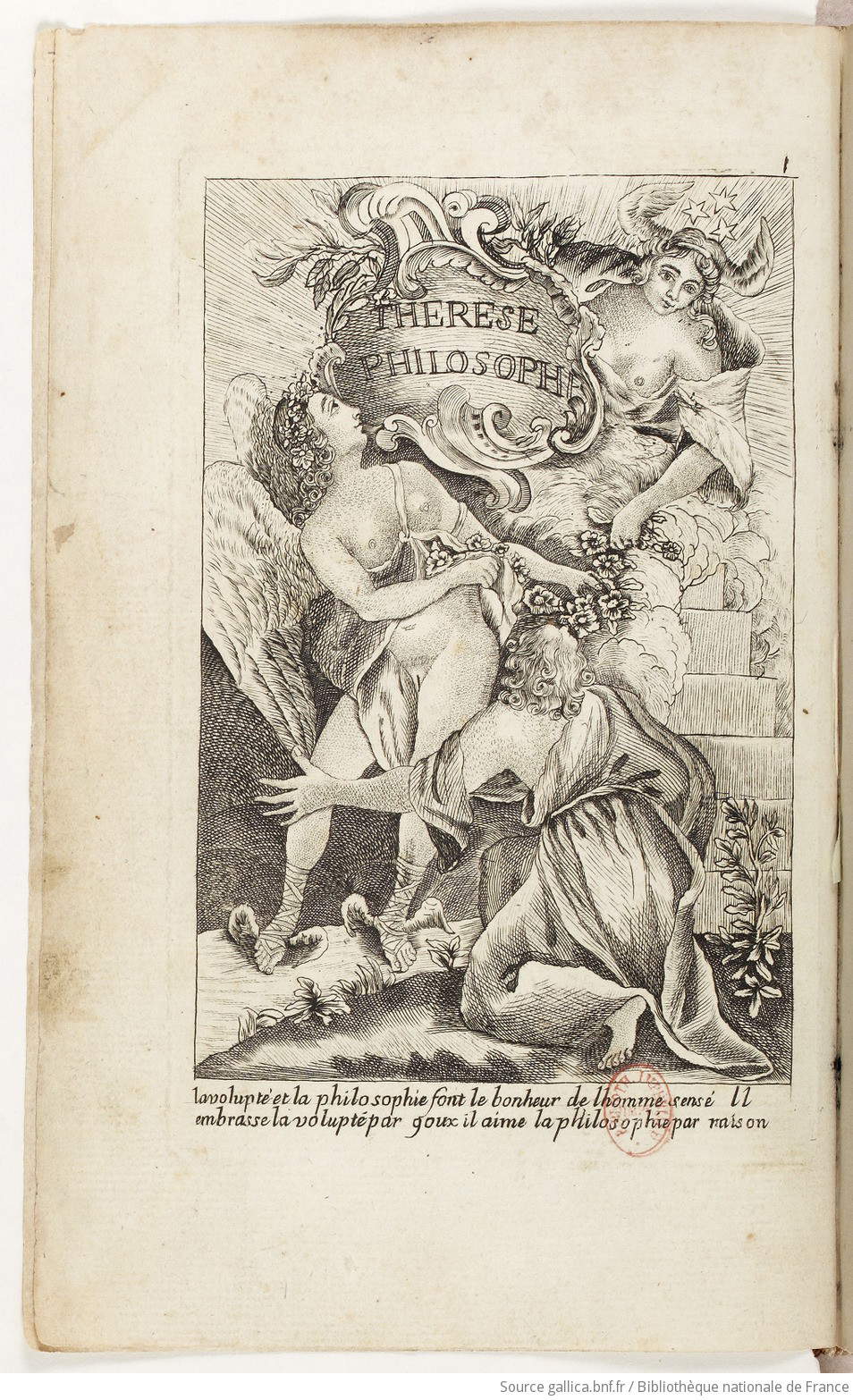 Frontespizio del libro Thérèse Philosophe, attribuito a Jean-Baptiste Boyer d'Argens, ed. 1748 (Parigi, Bibliothèque nationale de France) Frontespizio del libro Thérèse Philosophe, attribuito a Jean-Baptiste Boyer d'Argens, ed. 1748 (Parigi, Bibliothèque nationale de France)