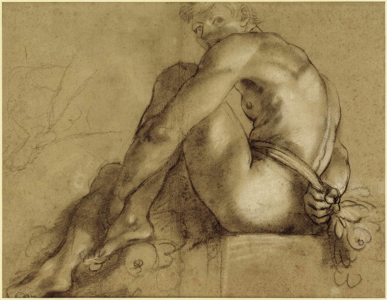 Annibale Carracci, Figura desnuda sentada (1600-1601; piedra negra, tiza blanca sobre papel cerúleo; Besançcon, Musée des Beaux-Arts et d'Archeologie, inv. D1490) Annibale Carracci, Figura desnuda sentada (1600-1601; piedra negra, tiza blanca sobre papel cerúleo; Besançcon, Musée des Beaux-Arts et d'Archeologie, inv. D1490)