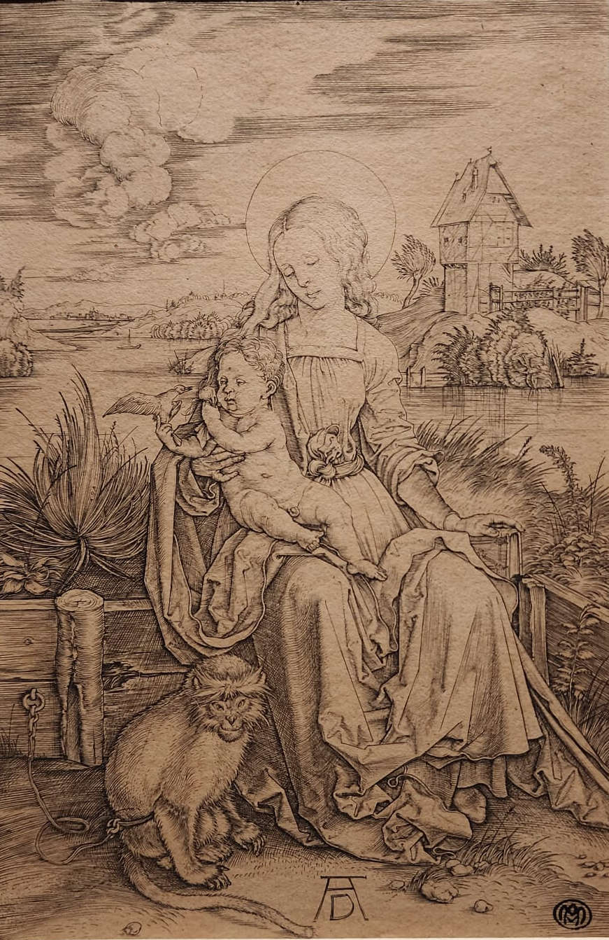 Albrecht Dürer, Madonna della scimmia (1498 circa, tiratura moderna; bulino, 187 x 122 mm; Milano, Castello Sforzesco, Raccolta delle Stampe &lquo;Achille Bertarelli”) Albrecht Dürer, Madonna della scimmia (1498 circa, tiratura moderna; bulino, 187 x 122 mm; Milano, Castello Sforzesco, Raccolta delle Stampe &lquo;Achille Bertarelli”)