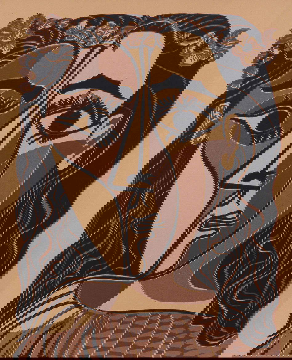 Pablo Picasso, Pequeña cabeza de mujer coronada de flores (20 de febrero de 1962; linograbado en color, prueba, tercer y último estado, 630 x 444 mm; Münster, Kunstmuseum Pablo Picasso Münster, en préstamo permanente de Sparkasse Münsterland Ost) © Succession Picasso, por SIAE 2024 Pablo Picasso, Pequeña cabeza de mujer coronada de flores (20 de febrero de 1962; linograbado en color, prueba, tercer y último estado, 630 x 444 mm; Münster, Kunstmuseum Pablo Picasso Münster, en préstamo permanente de Sparkasse Münsterland Ost) © Succession Picasso, por SIAE 2024