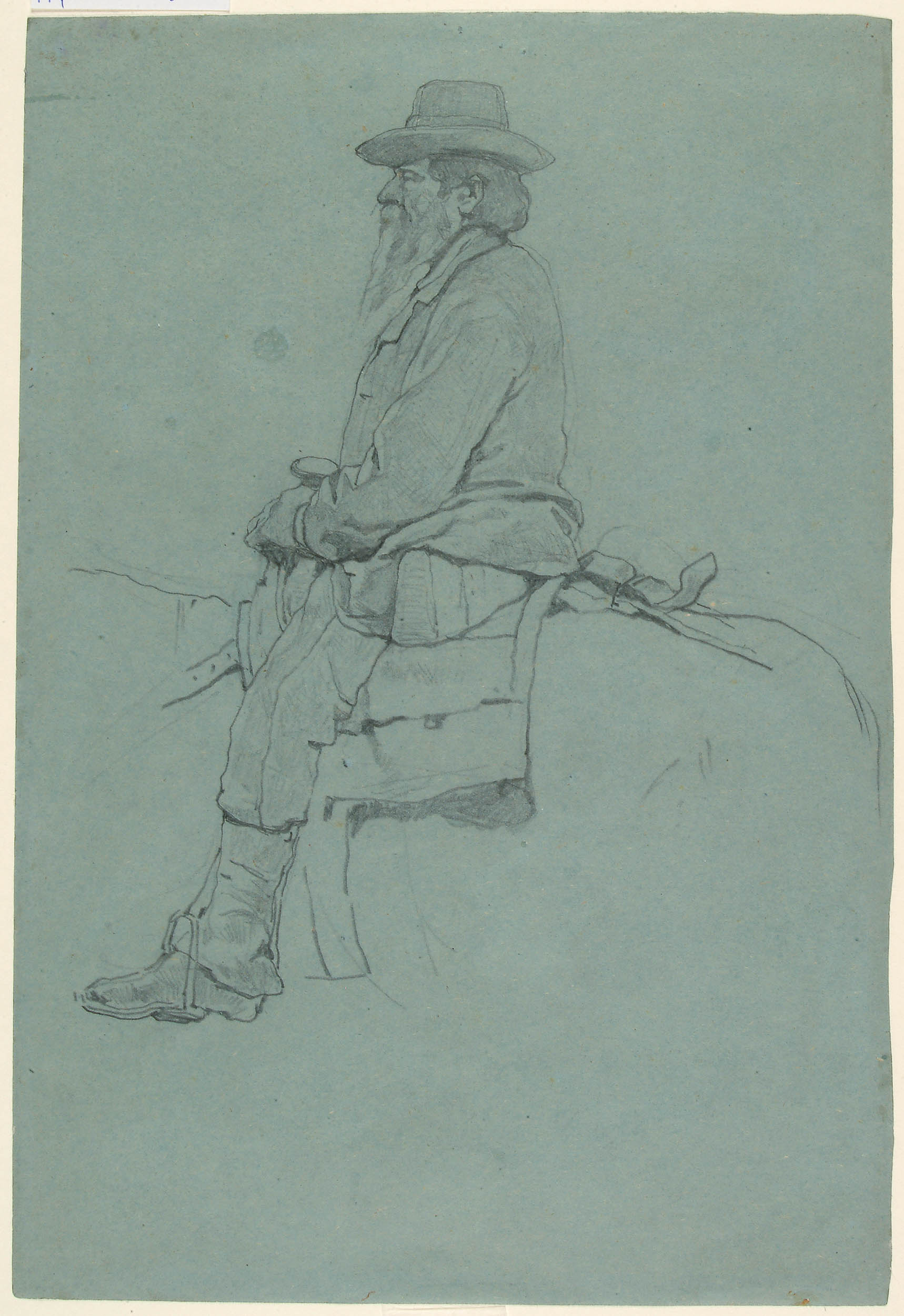 Giovanni Fattori, Study of a Cowboy on Horseback (ca. 1885; graphite drawing, 310 &times; 211 mm; Rome, Central Institute for Graphics, inv. D-FN321)