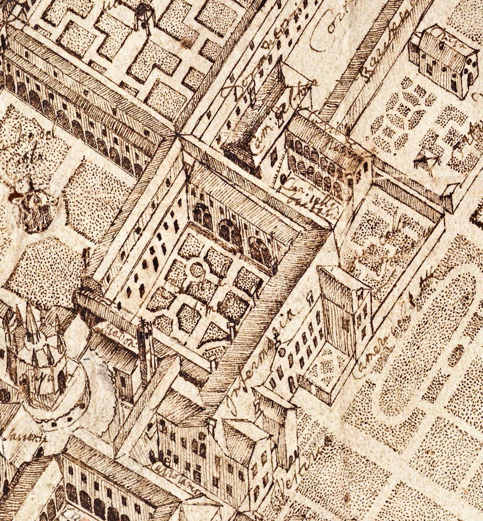 Die Abtei selbst am Ende des 16. Jahrhunderts. Die Krankenstation vetus aus dem gleichen Archiv in Perugia.