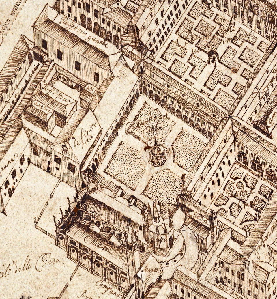 Der Hauptkreuzgang und das Refektorium am Ende des 16. Jahrhunderts, nach einer Zeichnung aus dem Archiv des Klosters San Pietro in Perugia