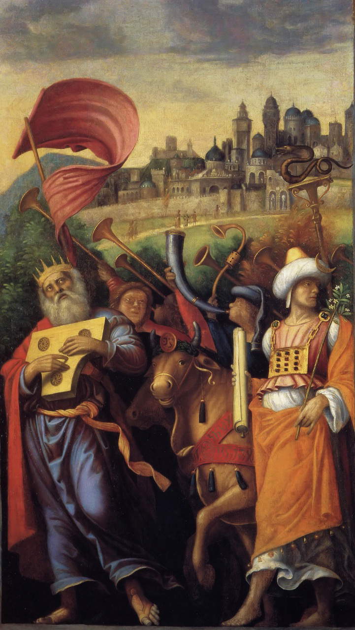 Eine Orgeltür von Correggio zeigt den Transport der Heiligen Lade nach Jerusalem mit einer Prozession, die von König David und dem jüdischen Hohepriester angeführt wird.