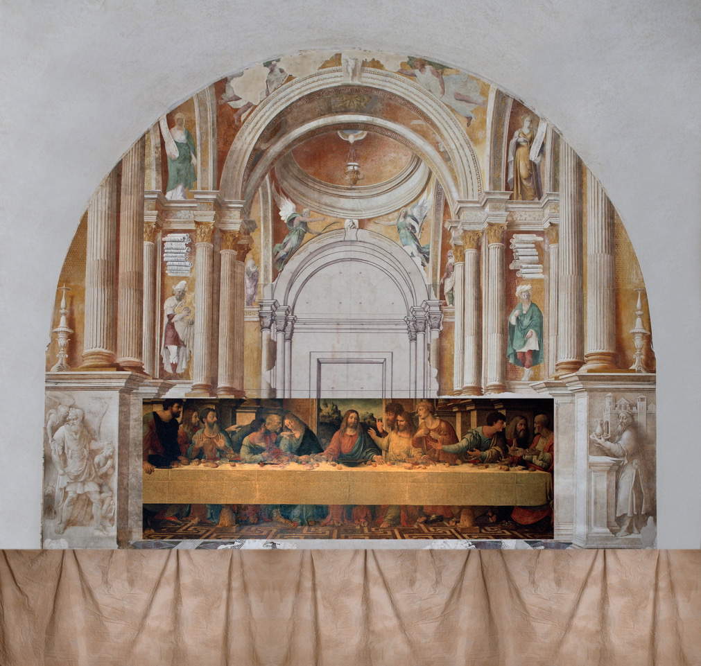Die Westwand, die Vorderseite des großen Refektoriums, nach 1514, wo die malerischen Beiträge von Girolamo Bonsignori (Kopie von Leonardos Abendmahl + einige Figuren) und Antonio Allegri, genannt Correggio (die grandiose räumliche Öffnung, die architektonische Struktur und die wichtigsten plastischen Figurationen) zu sehen sind.