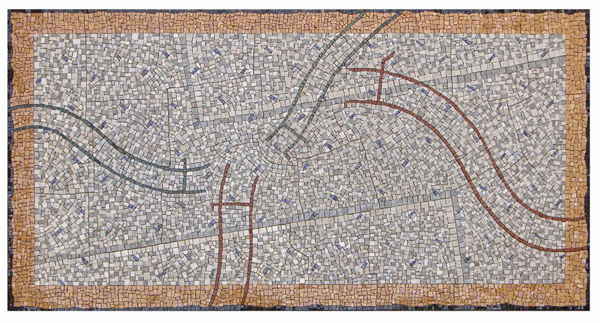 Enzo Tinarelli, Se trouver dans la foule (2002; polychromer Teppich und Marmor, 232 x 120 cm) Enzo Tinarelli, Se trouver dans la foule (2002; polychromer Teppich und Marmor, 232 x 120 cm)