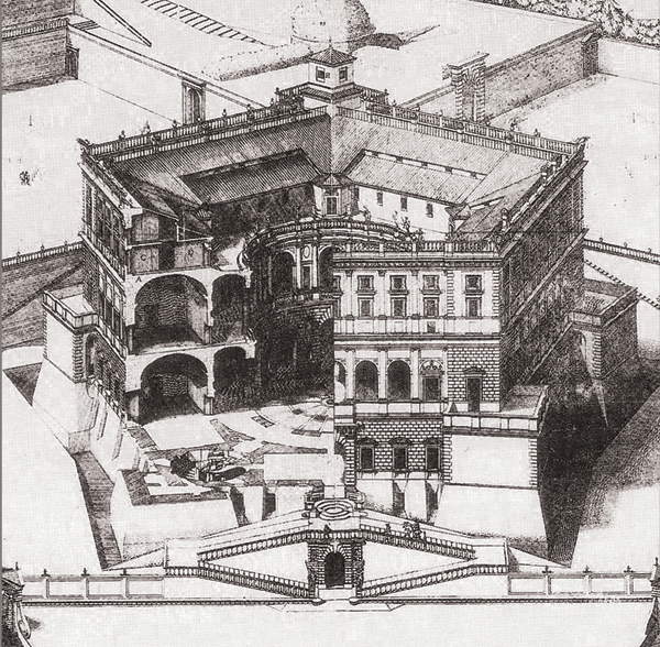 Vista en perspectiva del palacio en un grabado de Paul Letarouilly