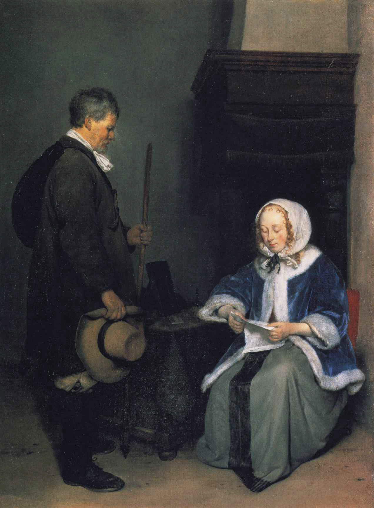 Gerard ter Borch, Die Botschaft. Frau, die einen Brief und einen Boten liest (1658?; Öl auf Leinwand, 51 × 38 cm; Lyon, Musée des Beaux-Arts) Gerard ter Borch, Die Botschaft. Frau, die einen Brief und einen Boten liest (1658?; Öl auf Leinwand, 51 × 38 cm; Lyon, Musée des Beaux-Arts)