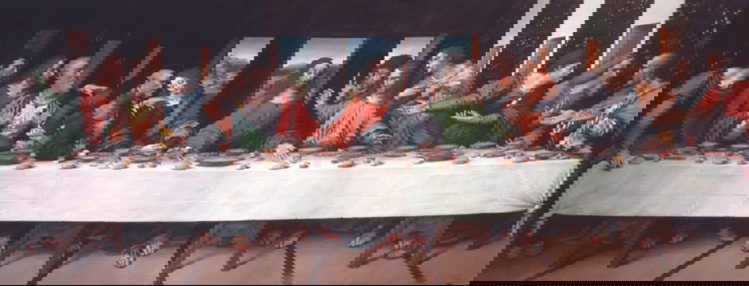 Giampietrino y Giovanni Antonio Boltraffio (atribuido a), La Última Cena, copia de Leonardo da Vinci (c. 1515-1520; óleo sobre lienzo, 302 x 785 cm; Londres, Royal Academy of Arts)