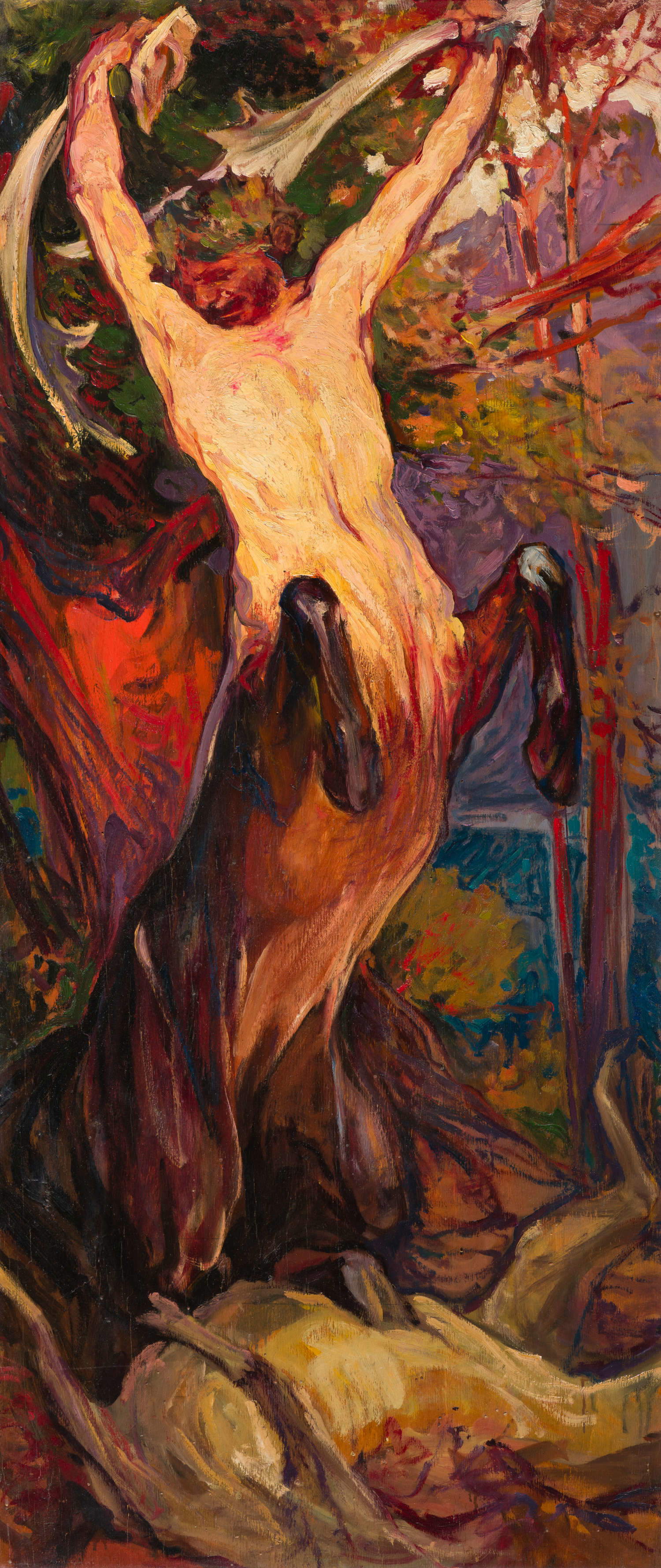 Jules van Biesbroeck, Centauro matando a un ciervo (La muerte del ciervo) (c. 1918; óleo sobre faesita, 118 &times; 52 cm; Ferrara, Colección BPER Banca)