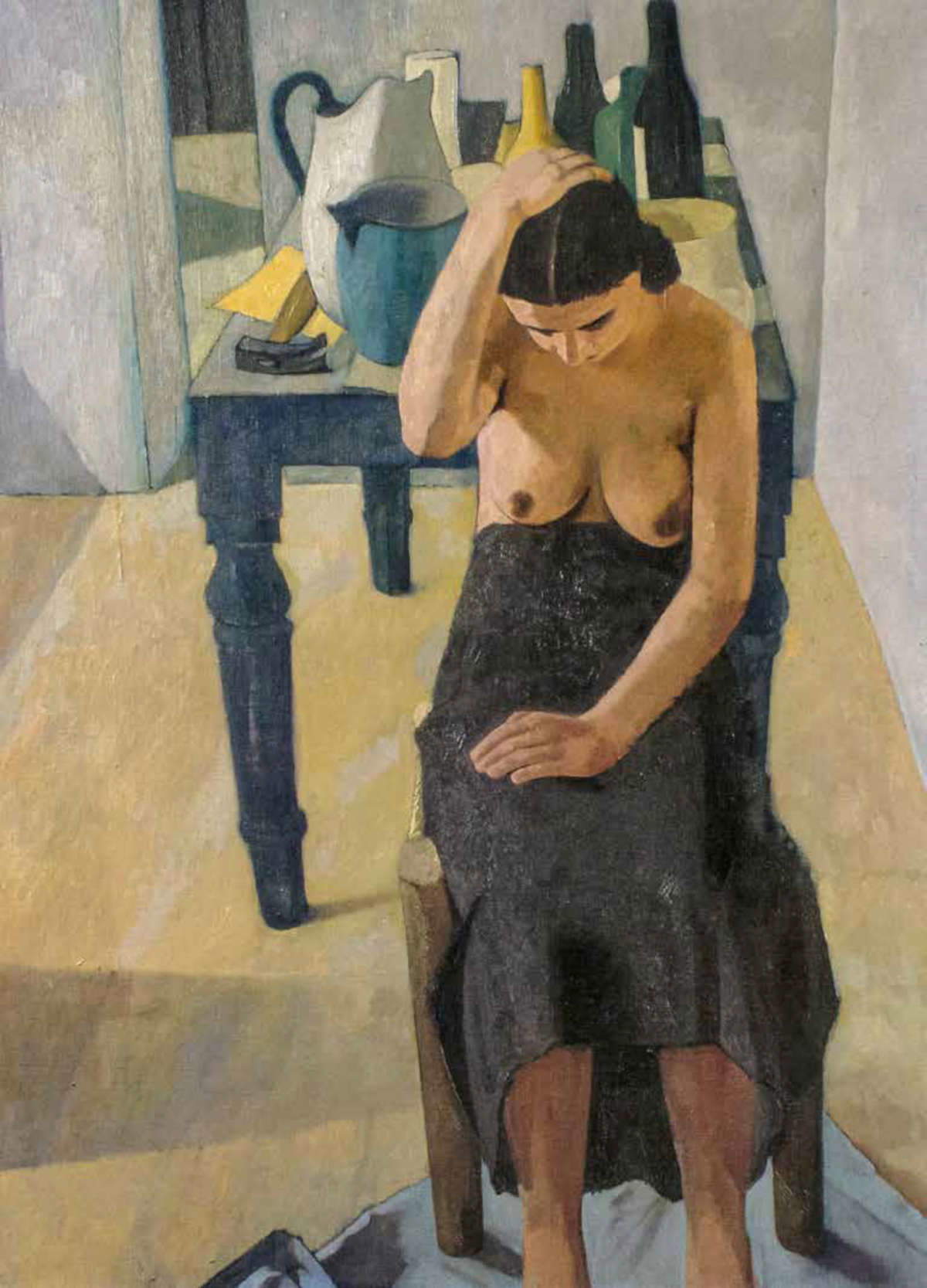 Felice Casorati, Mujer ante la mesa (1936; óleo sobre tabla, 119,5 &times; 89,5 cm; Bolonia, Colecciones de Arte e Historia de la Colección de la Cassa di Risparmio di Bologna)