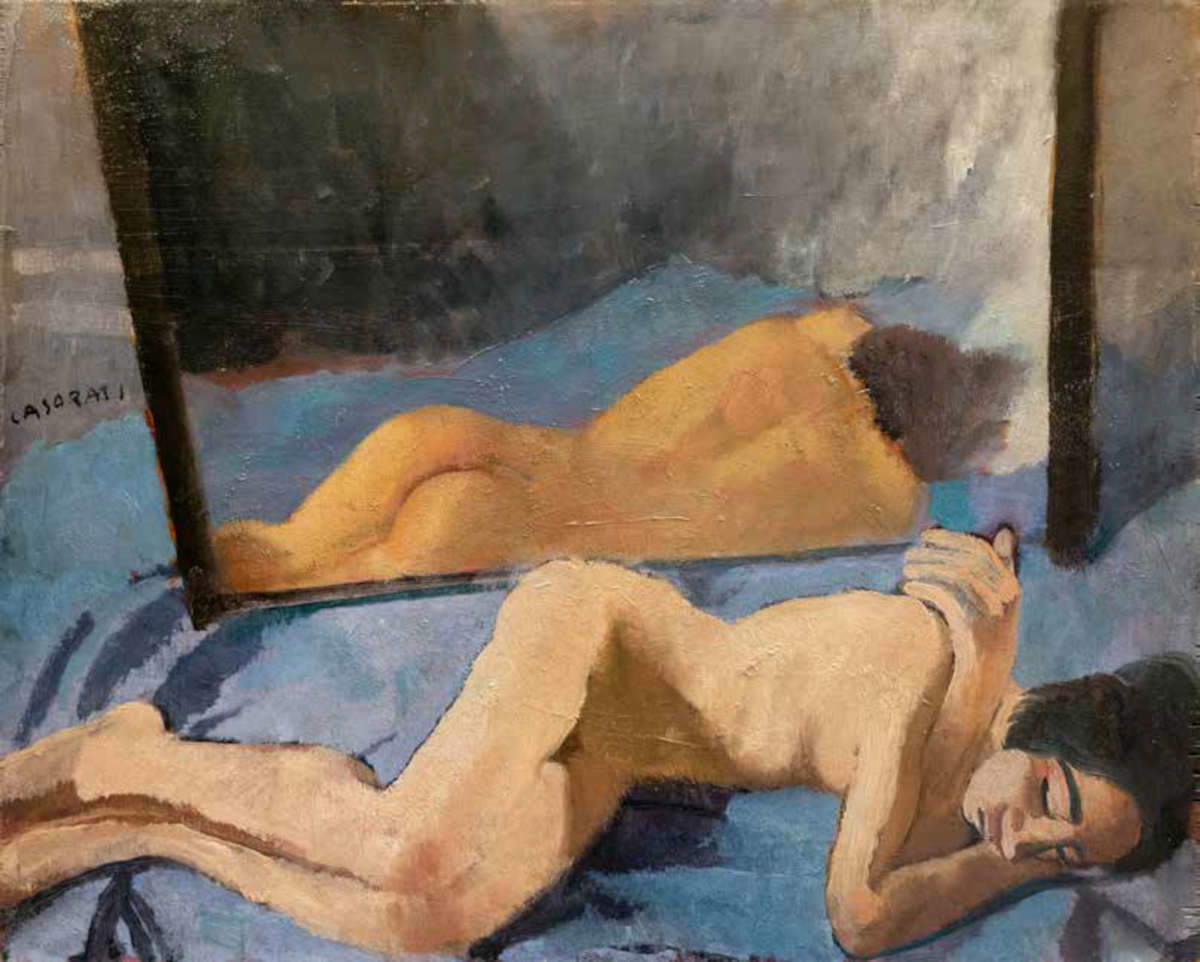 Felice Casorati, Niña dormida o niño dormido (1931; óleo sobre tabla, 49 &times; 62 cm; Colección particular)