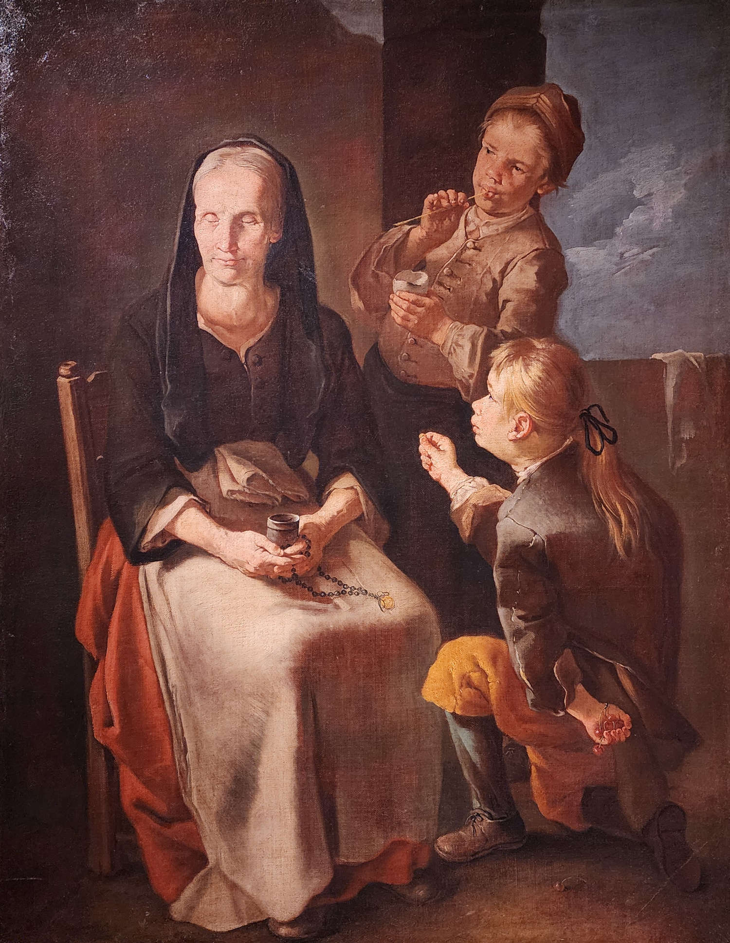 Giacomo Francesco Cipper, Blinde alte Frau mit einem Kompass und zwei schelmischen Jünglingen (Öl auf Leinwand, 120 x 93 cm; Sammlung Gastaldi Rotelli)