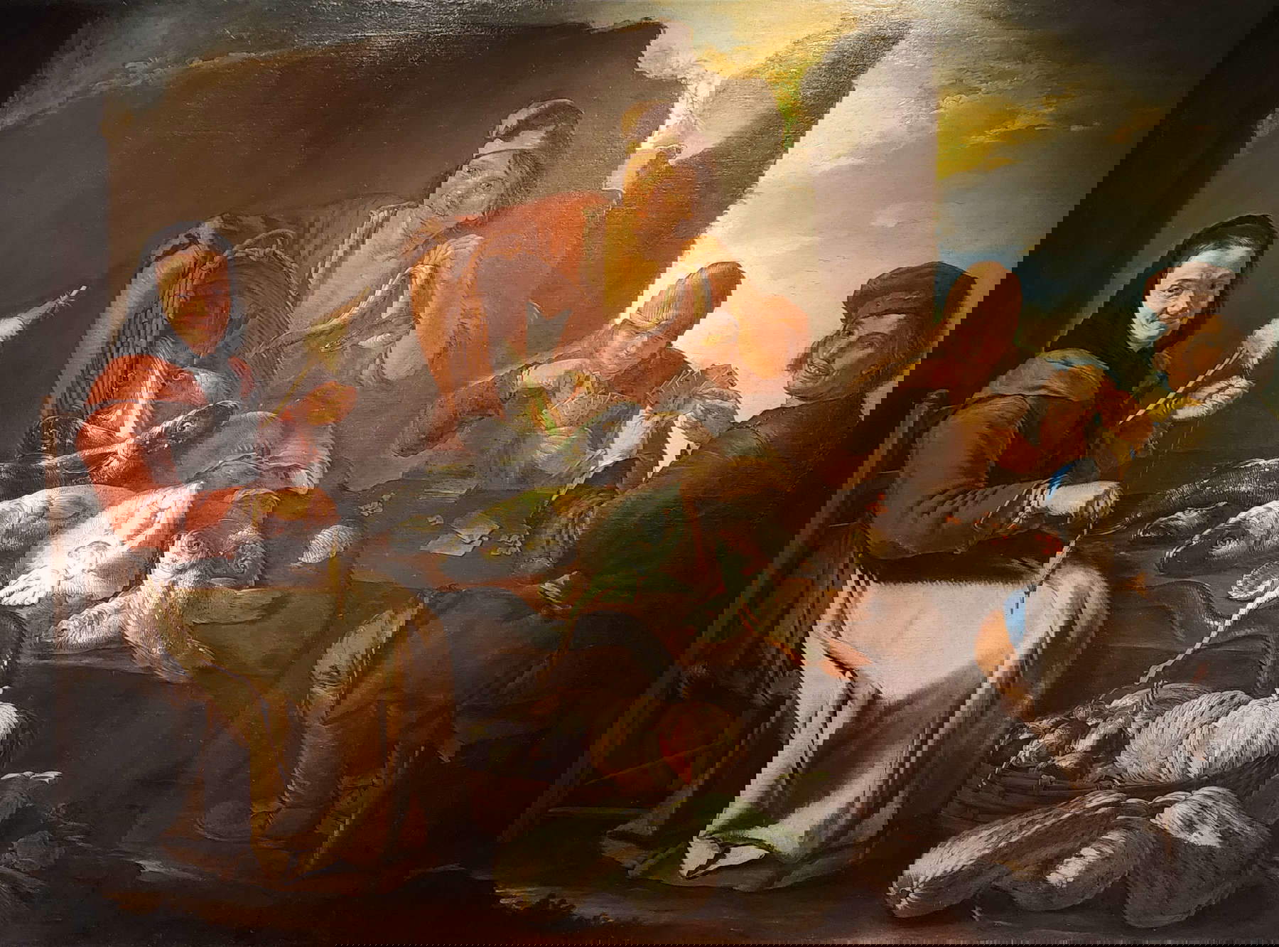 Giacomo Francesco Cipper, Der Fisch- und Gemüsemarkt mit Spinnerin, jungem Fischhändler und Kartenspielern (Öl auf Leinwand, 175 x 234 cm; Sammlung Gastaldi Rotelli)