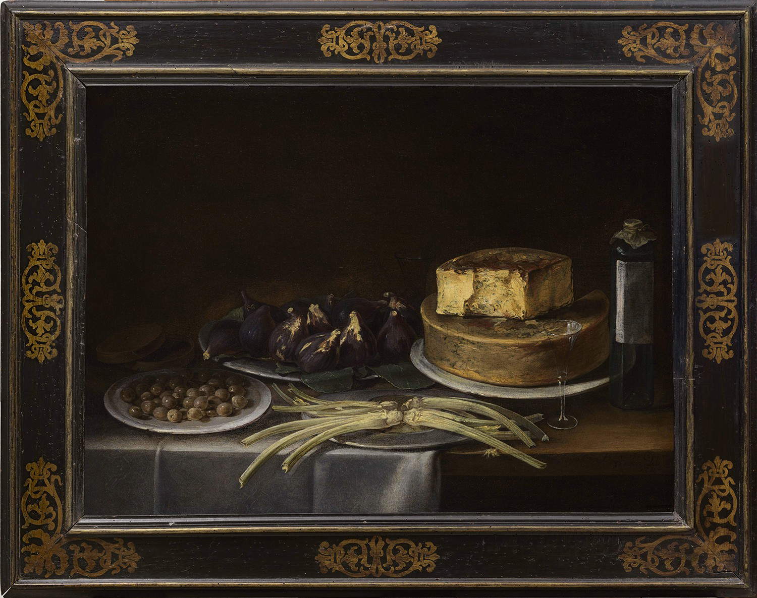 Giacomo Francesco Cipper, Stilleben mit einer Platte mit Oliven, Feigen, Käse, Sellerie und Weinflasche (1700; Öl auf Leinwand, 49,5 x 75,5 cm; Privatsammlung, mit freundlicher Genehmigung von Matteo Salamon, Mailand)