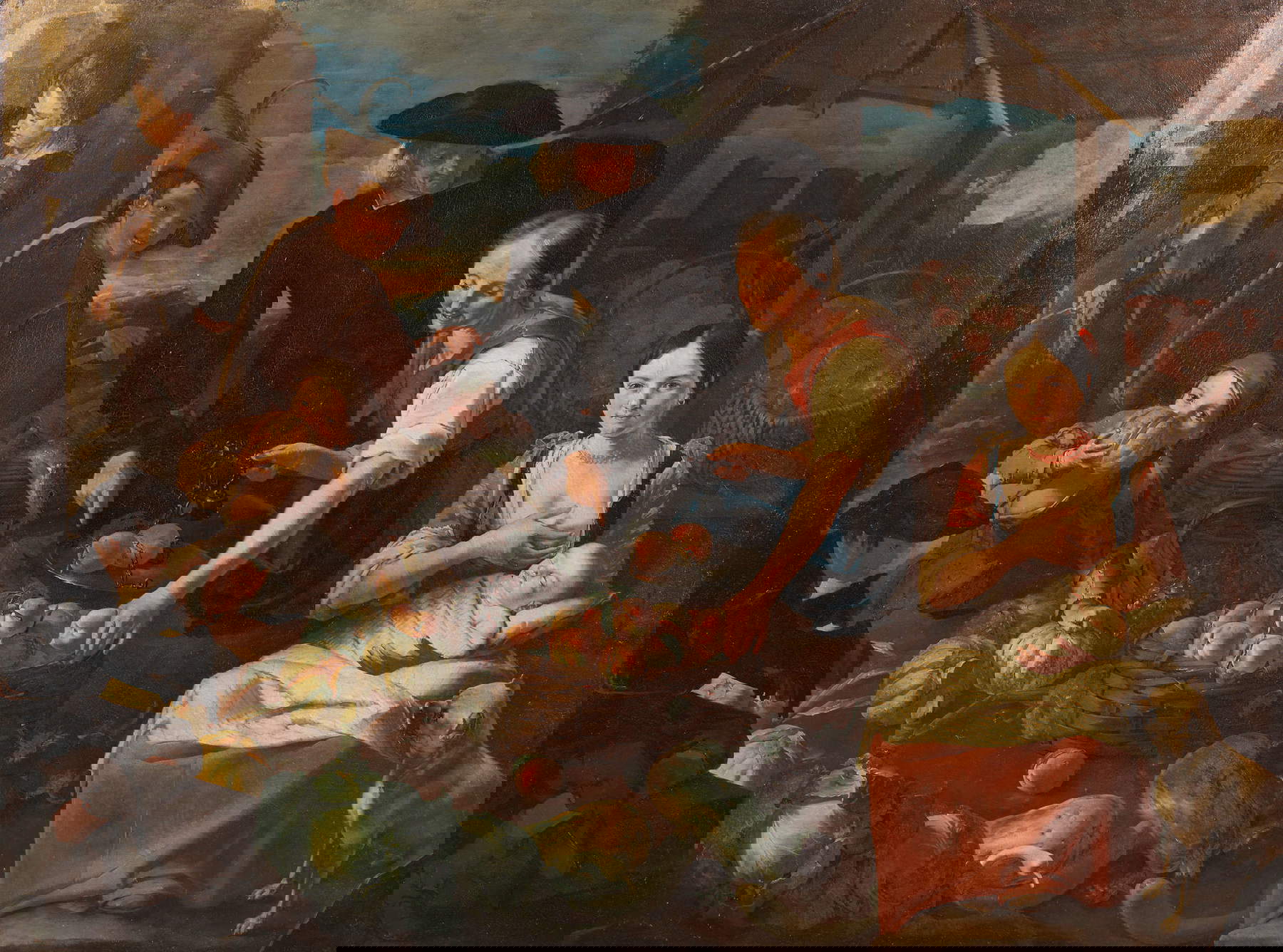 Giacomo Francesco Cipper, Marktszene mit stillender Mutter, ortolana mit Korb voller Pfirsiche, Jungen mit Melonen, junger Mann mit Korb voller Fische und Einkäufer (Öl auf Leinwand, 178 x 235 cm; Sammlung Gastaldi Rotelli)