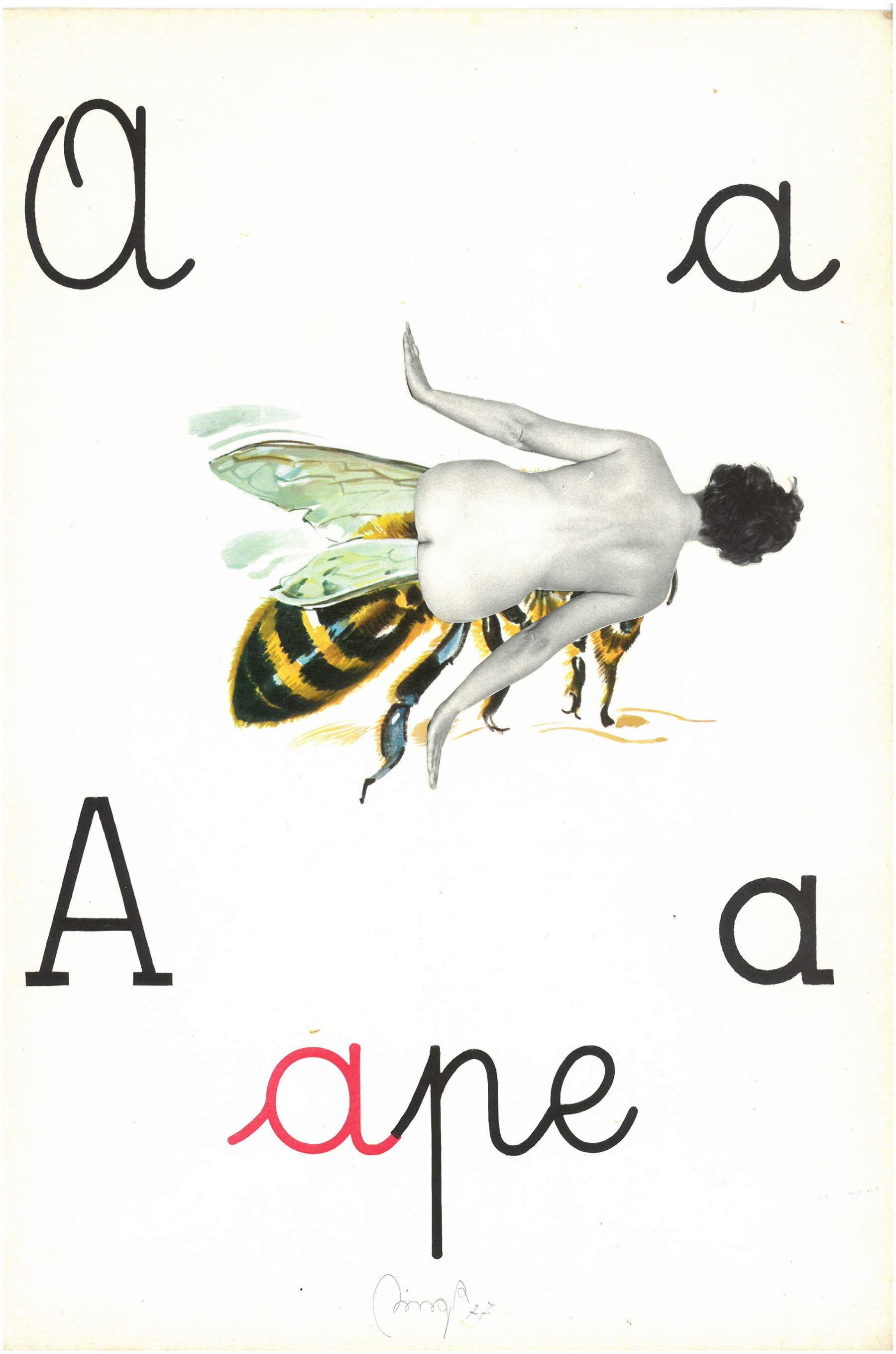 Tomaso Binga, Alfabeto Pop / Mono (Abeja) (1977; collage sobre cartón preimpreso, 40 x 27 cm; Colección Privada). Por concesión de Archivio Tomaso Binga y Galleria Erica Ravenna, Roma.