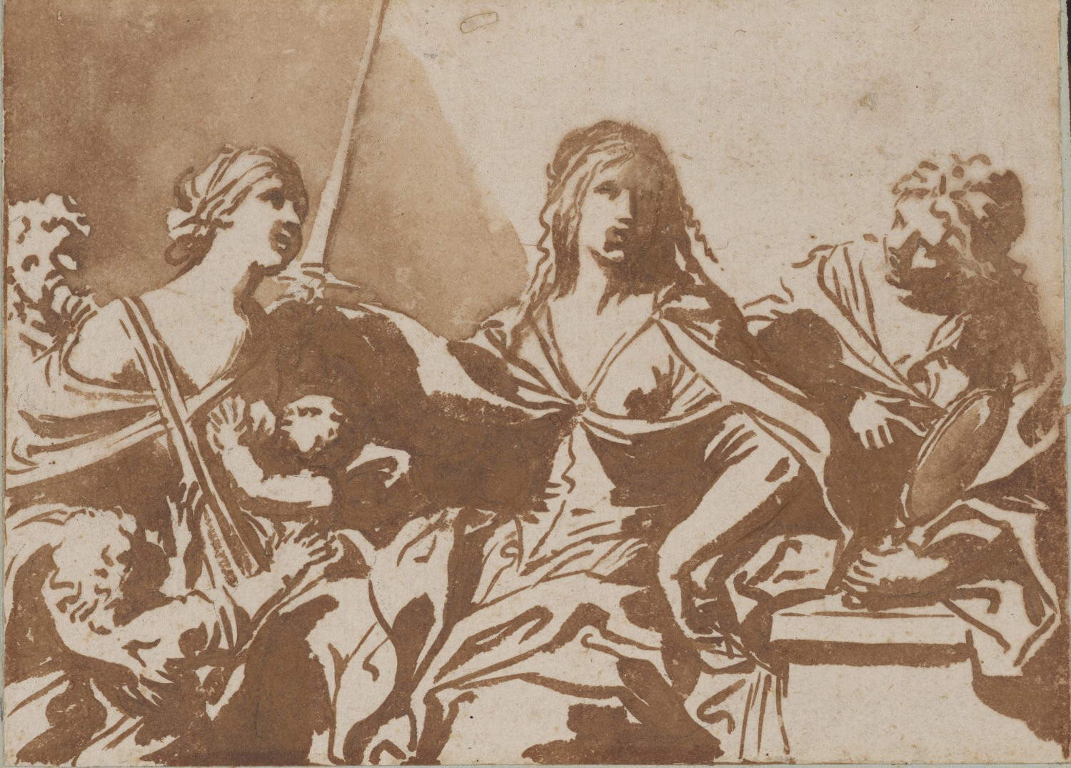 Elisabetta Sirani, Allegorie der Gerechtigkeit, unterstützt von Barmherzigkeit und Klugheit (Providence, RISD Museum)
