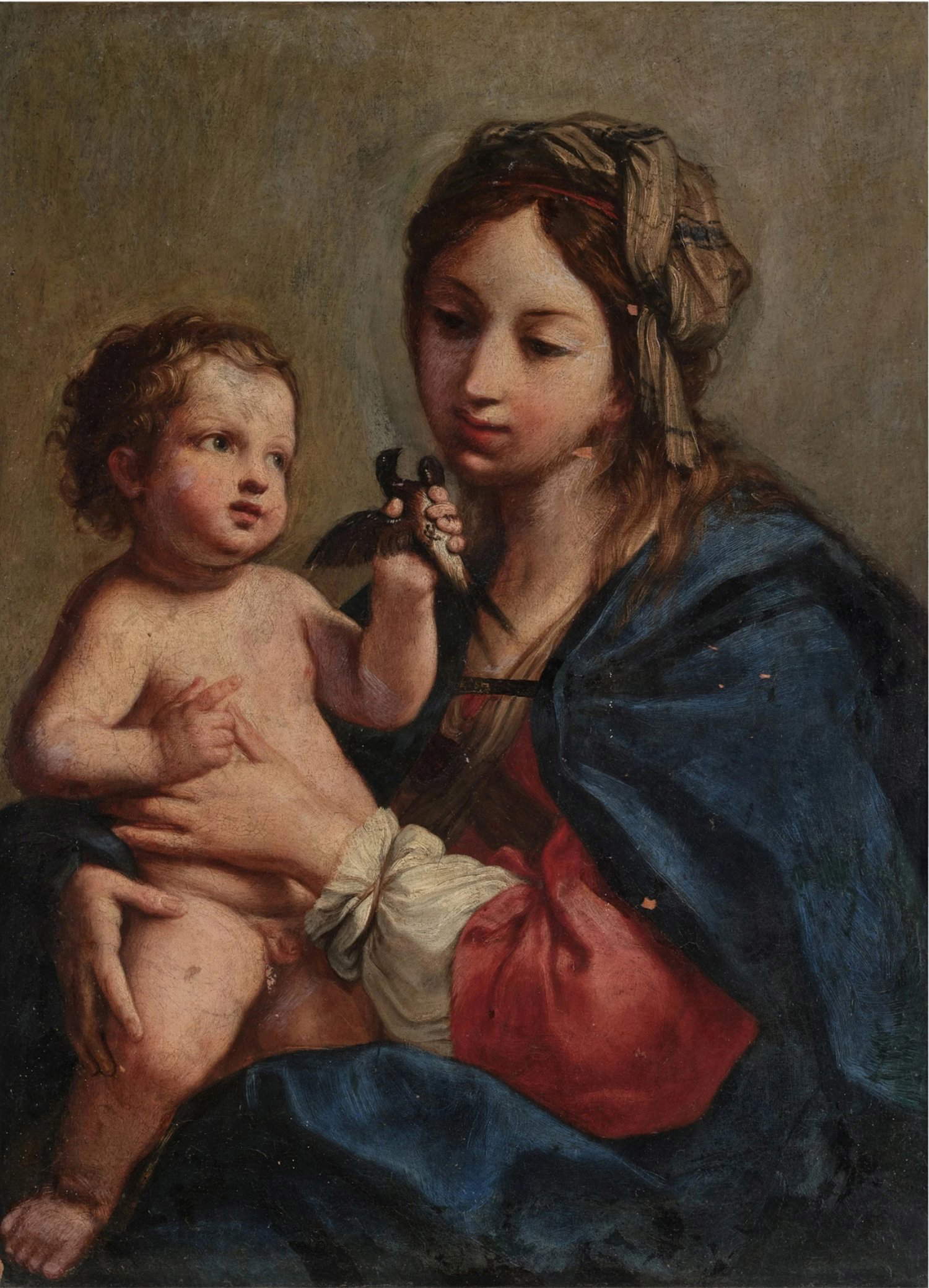 Elisabetta Sirani, Madonna mit Kind, das eine Schwalbe hält (Privatsammlung)