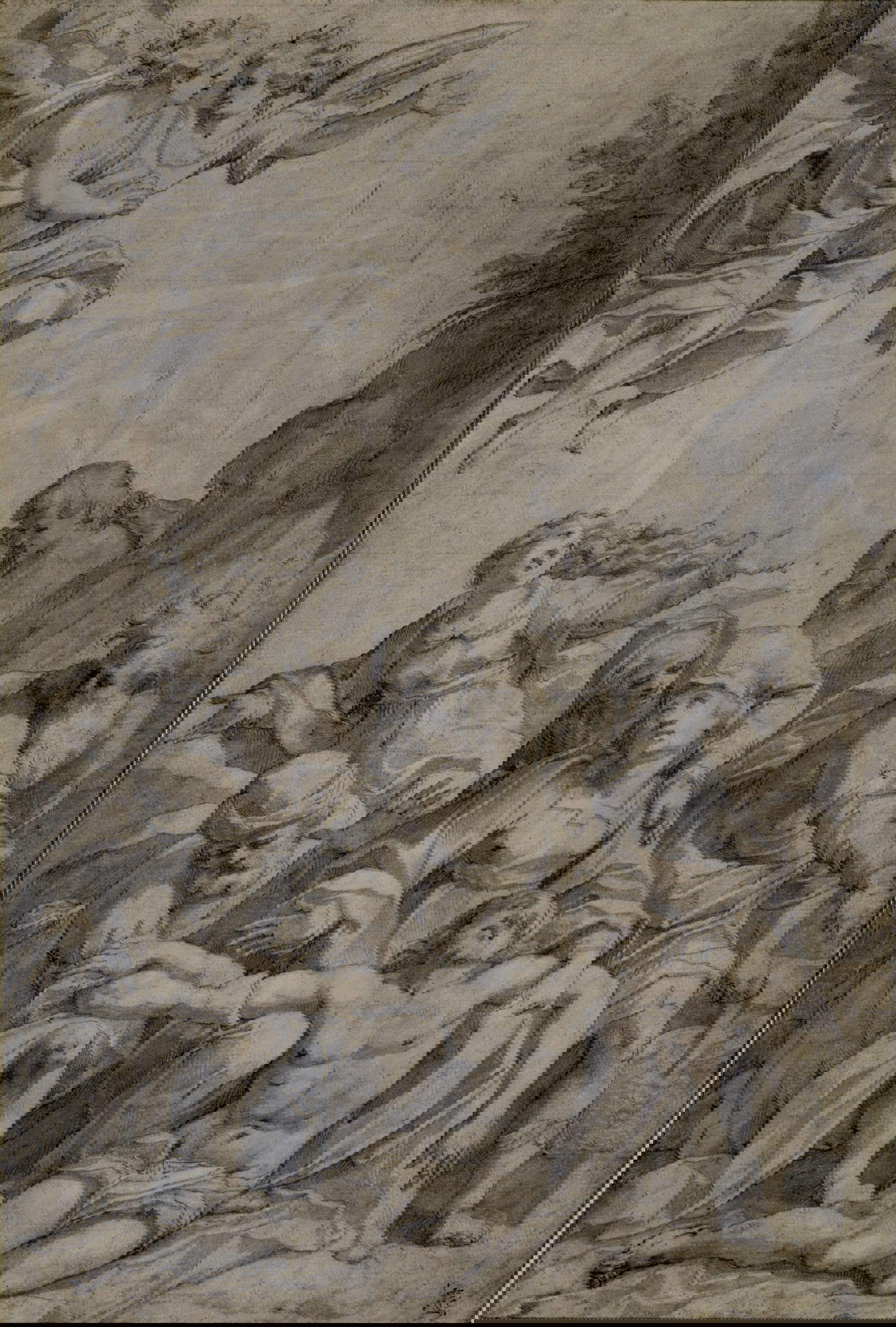 Giovanni Battista Trotti detto il Malosso, Compianto sul Cristo morto (1601; penna e inchiostro bruno, acquerellature grigie, lumeggiature a biacca su carta bianca quadrettata a matita nera, 375 x 250 mm; Collezione privata)