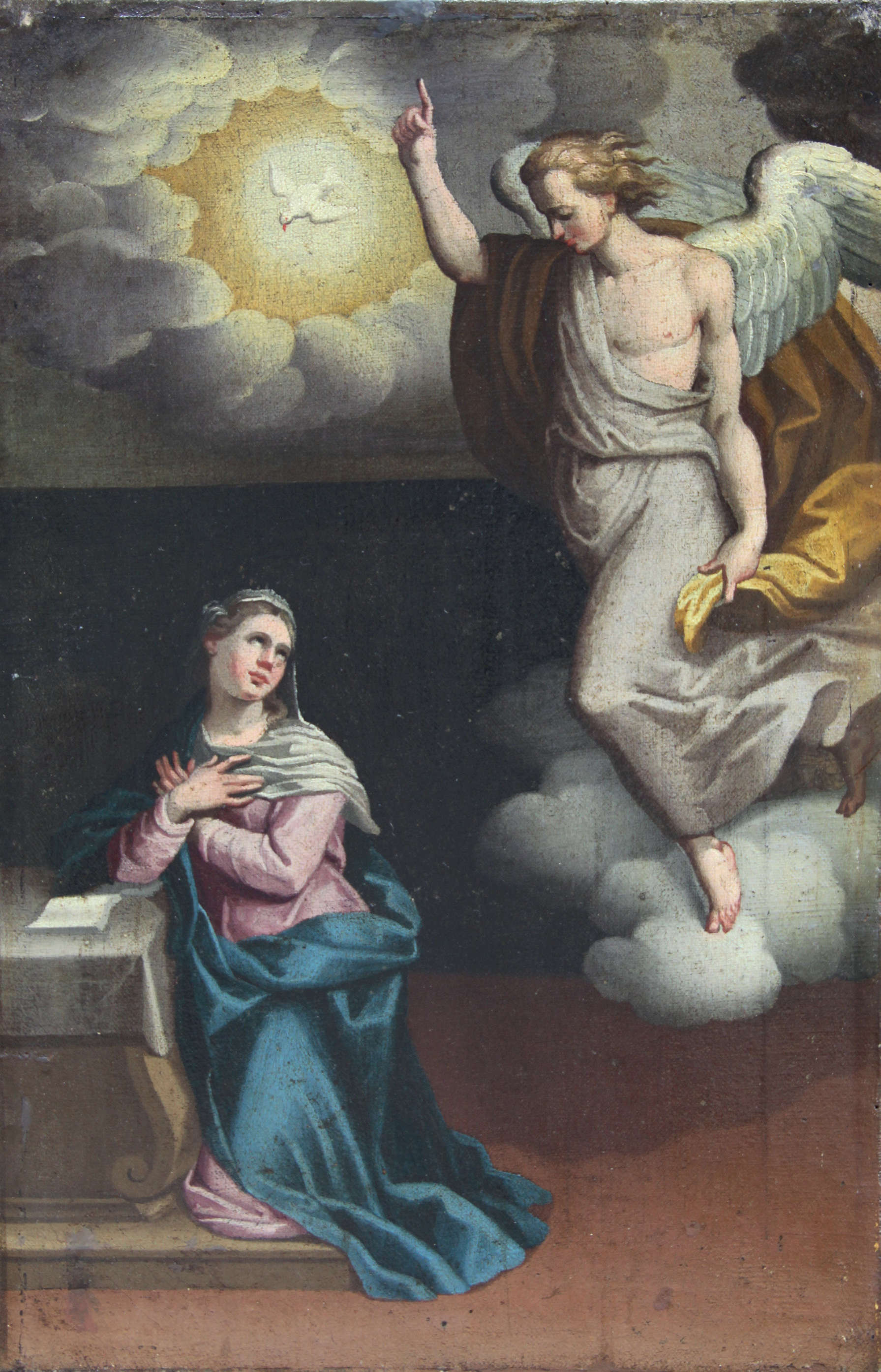 Malosso e bottega, Annunciazione (1586; olio su tela, 36 x 23,7 cm; Romanengo, chiesa parrocchiale)