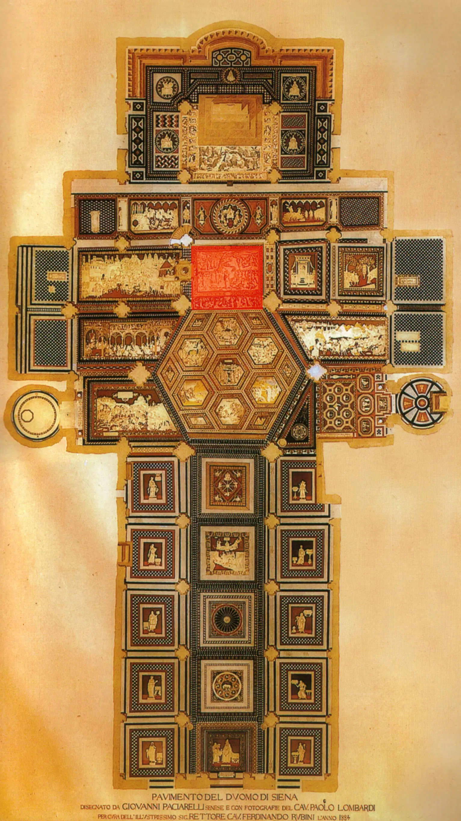 In rosso, l'ubicazione del brano di Beccafumi nel pavimento del Duomo di Siena In rosso, l'ubicazione del brano di Beccafumi nel pavimento del Duomo di Siena