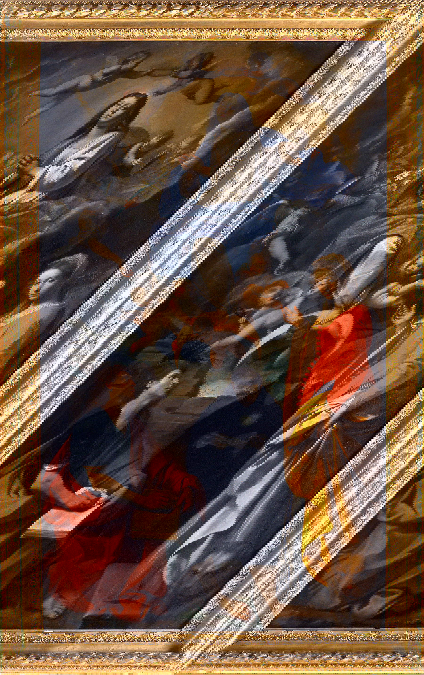 Simone Cantarini, Immaculate Conception with Saints John the Evangelist, Nicholas of Tolentino and Euphemia (c. 1632-1635; oil on canvas, 244 &times; 140 cm; Bologna, Pinacoteca Nazionale, inv. 435)