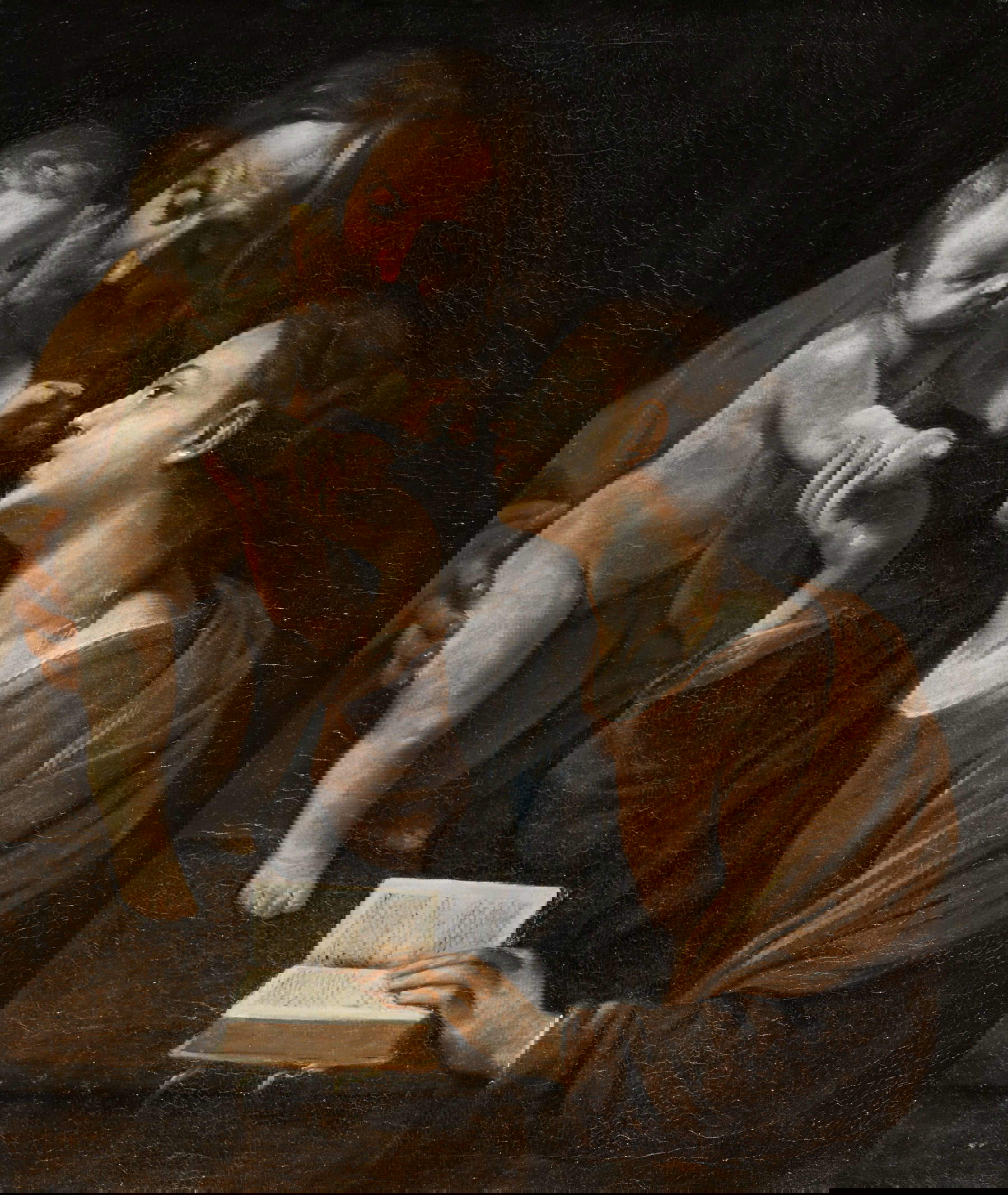 Simone Cantarini, Holy Family with Book and Rose (c. 1638; oil on canvas, 75 &times; 62 cm; Pesaro, Signoretti Collection, Palazzo Perticari Signoretti)