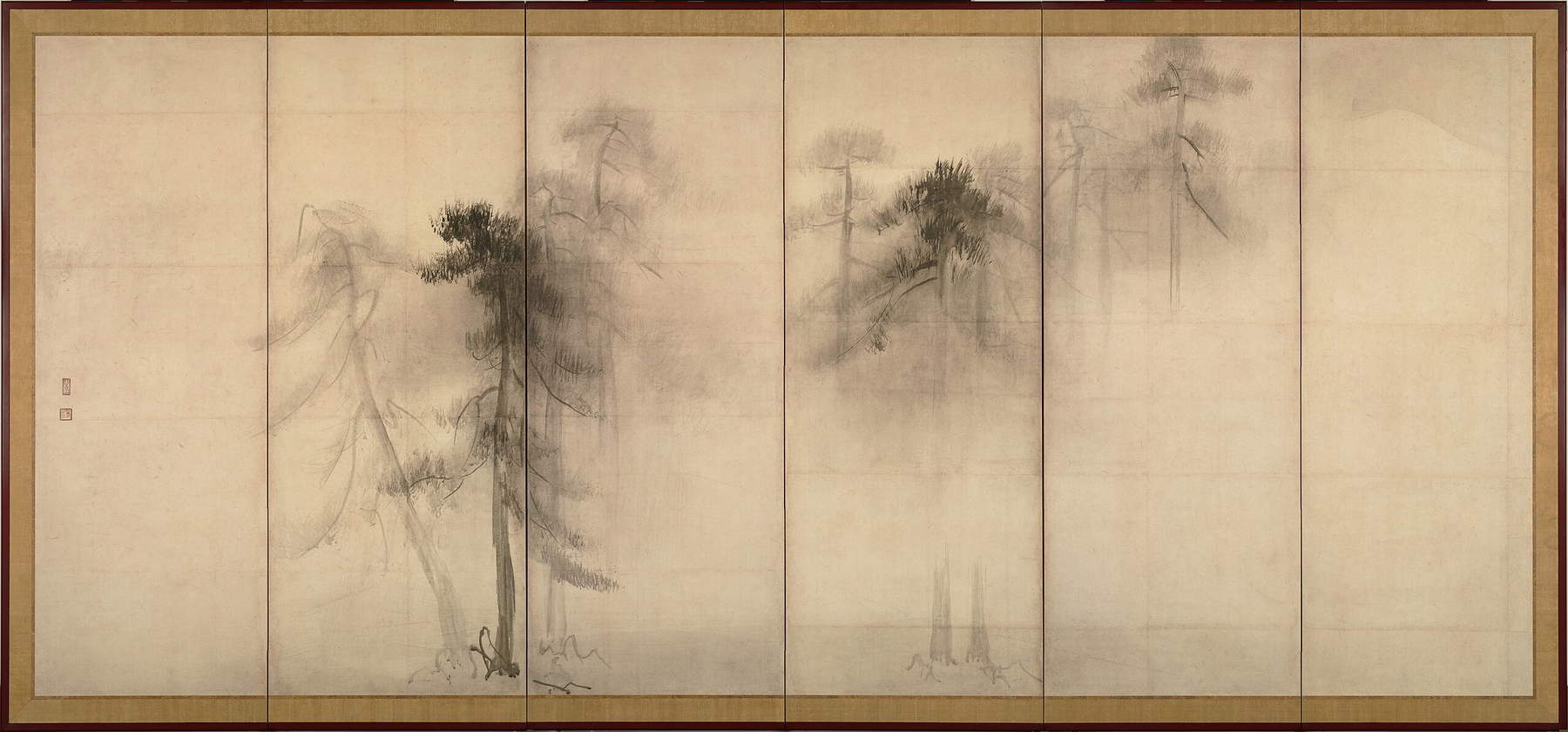 Hasegawa Tōhaku, Shōrin-zu byōbu (siglo XVI; tinta sobre papel, 156,8 x 356 cm; Tokio, Museo Nacional de Tokio). Hasegawa Tōhaku, Shōrin-zu byōbu (siglo XVI; tinta sobre papel, 156,8 x 356 cm; Tokio, Museo Nacional de Tokio).