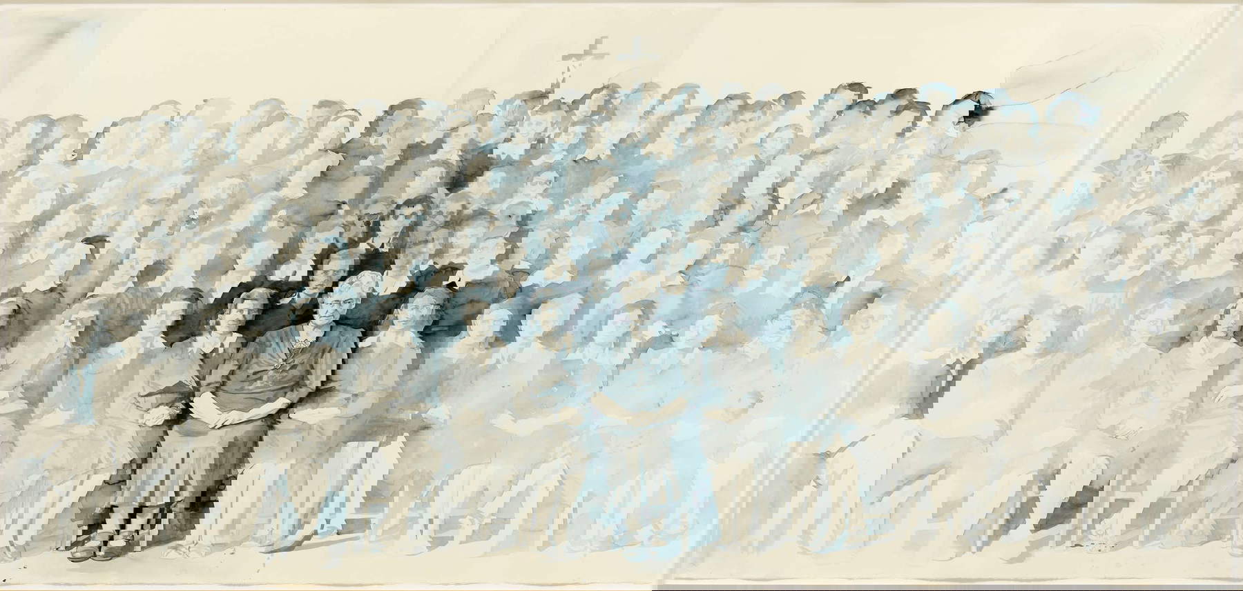 Giulia Andreani, La scuola di taglio e cucito (2023; acquarello su carta, 140 x 300 cm). Foto: Dario Lasagni