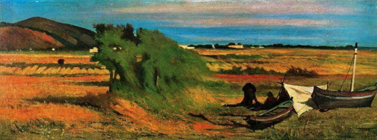 Giovanni Fattori, Rappezzatori di reti a Castiglioncello (1875; Öl auf Leinwand, 23,5 x 62 cm; Privatsammlung)