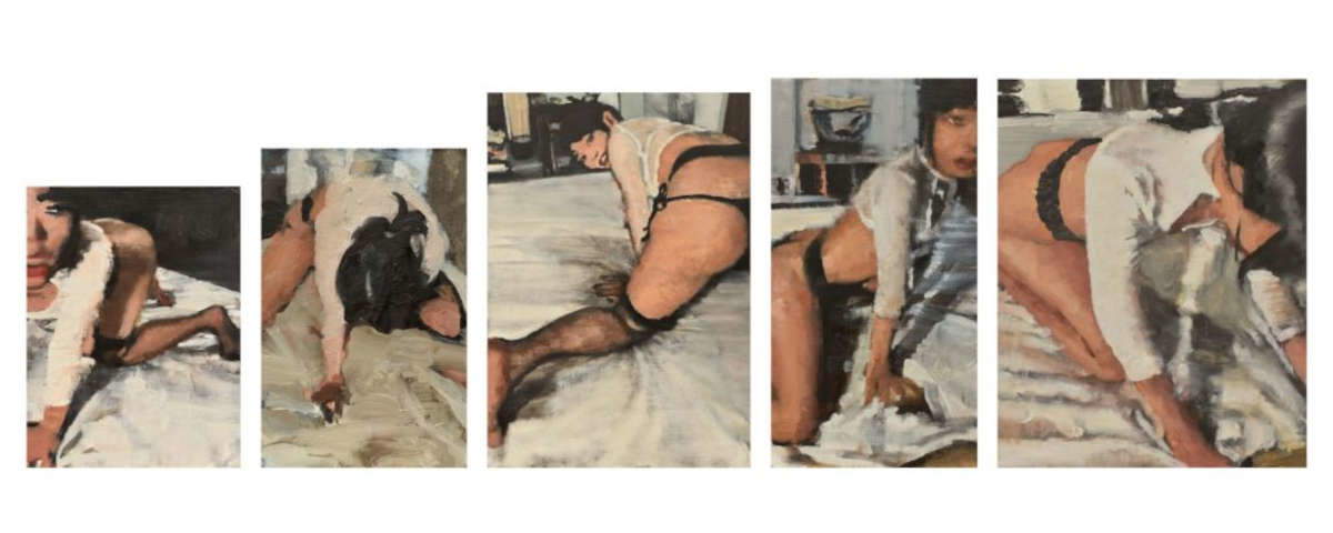 Daniele Galliano, Ohne Titel (2020; Öl auf Platte, Polyptychon, 13 x 10, 15 x 10, 21 x 15, 22 x 12 und 22 x 17 cm)