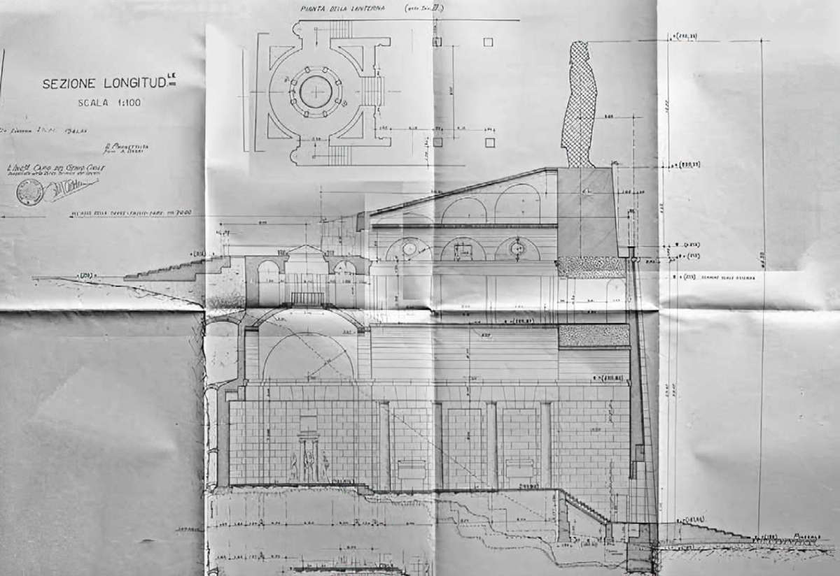Second version of the mausoleum project. Longitudinal section, panel dated November 20, 1941 (Rome, Central State Archives).