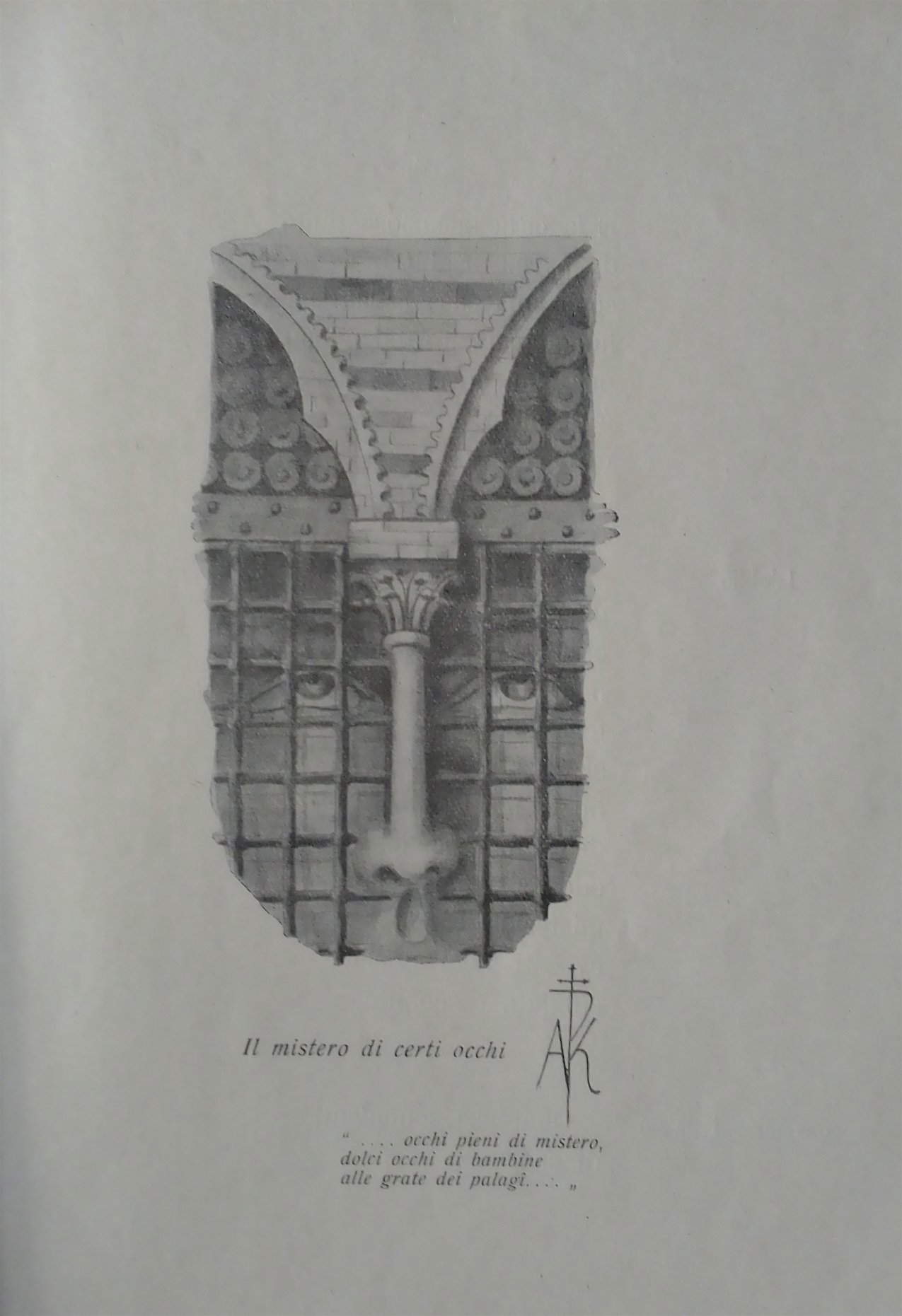 Aleardo Kutuf&agrave;, Il mistero di certi occhi (ilustración para Elegia delle Citt&agrave; Morte, Livorno 1928; colección privada)