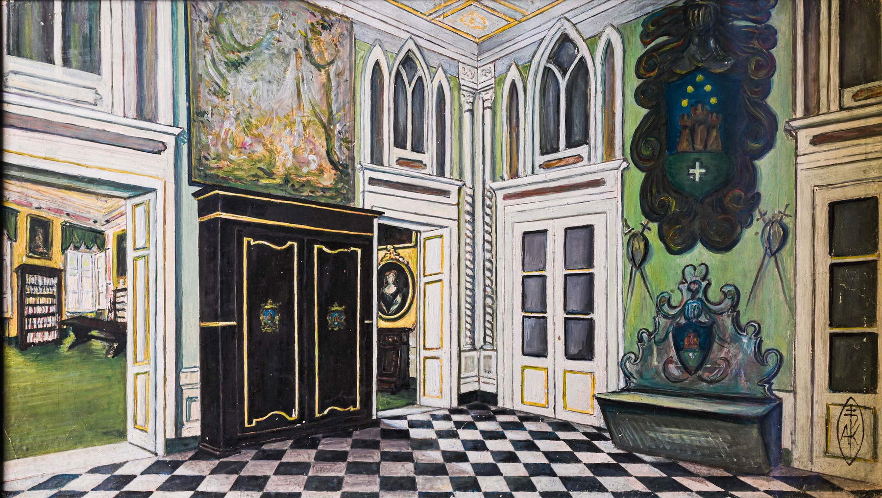 Aleardo Kutuf&agrave;, La mia dimora distrutta. Palacio de las Columnas de Livorno. Tríptico 1: El vestíbulo (óleo sobre masonita, 36 x 62 cm; Colección particular)