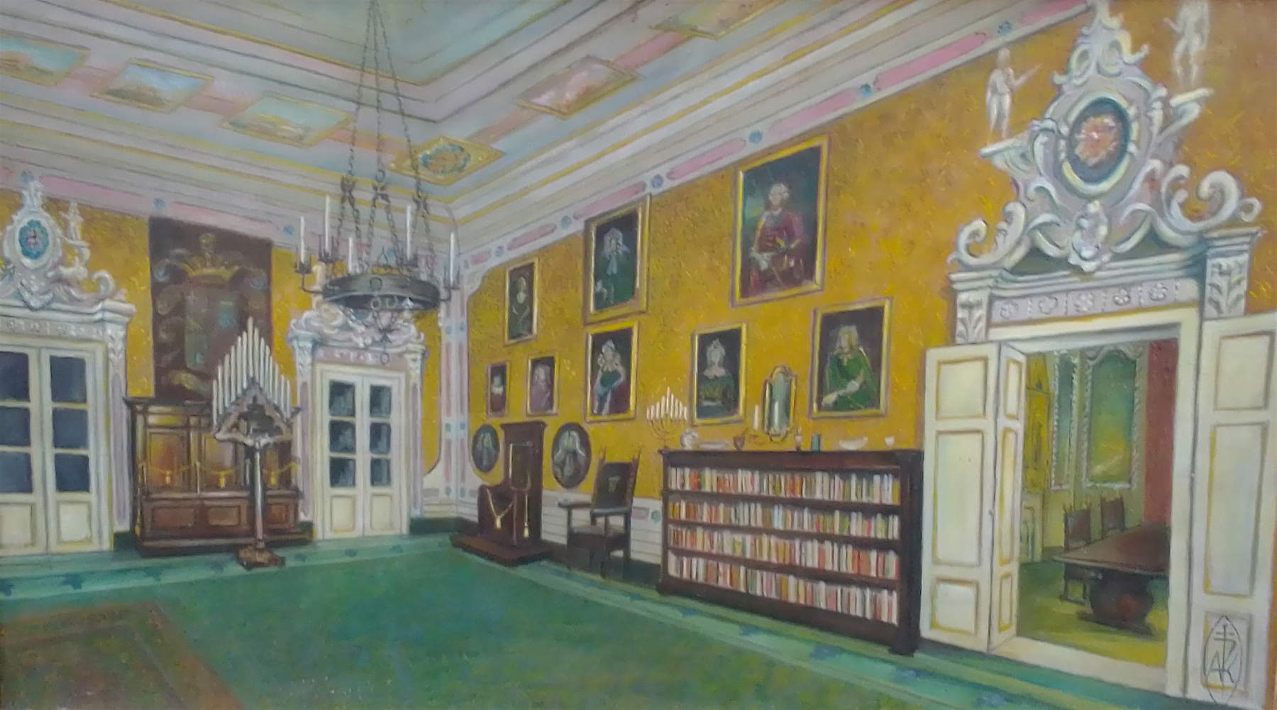 Aleardo Kutuf&agrave;, La mia dimora distrutta. Palacio de las Columnas de Livorno. Tríptico 3: el salón, la habitación del fondo dorado (óleo sobre masonita, 36 x 62 cm; Colección particular)