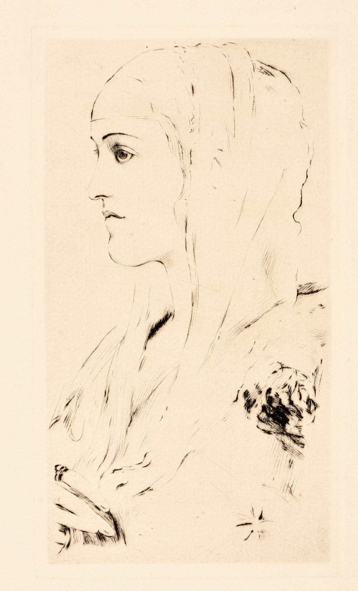 Fernand Khnopff, A voile (1902; aguafuerte y punta seca, 177 x 100 mm; Colección particular)