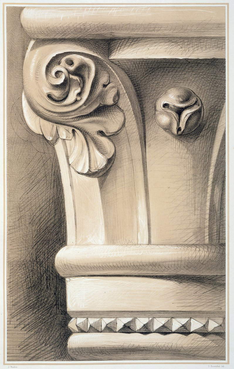 John Ruskin, Ca' Bernardo Mocenigo. Capitolio de huecos de ventana (litografía, 610 x 420 mm; Colección particular)