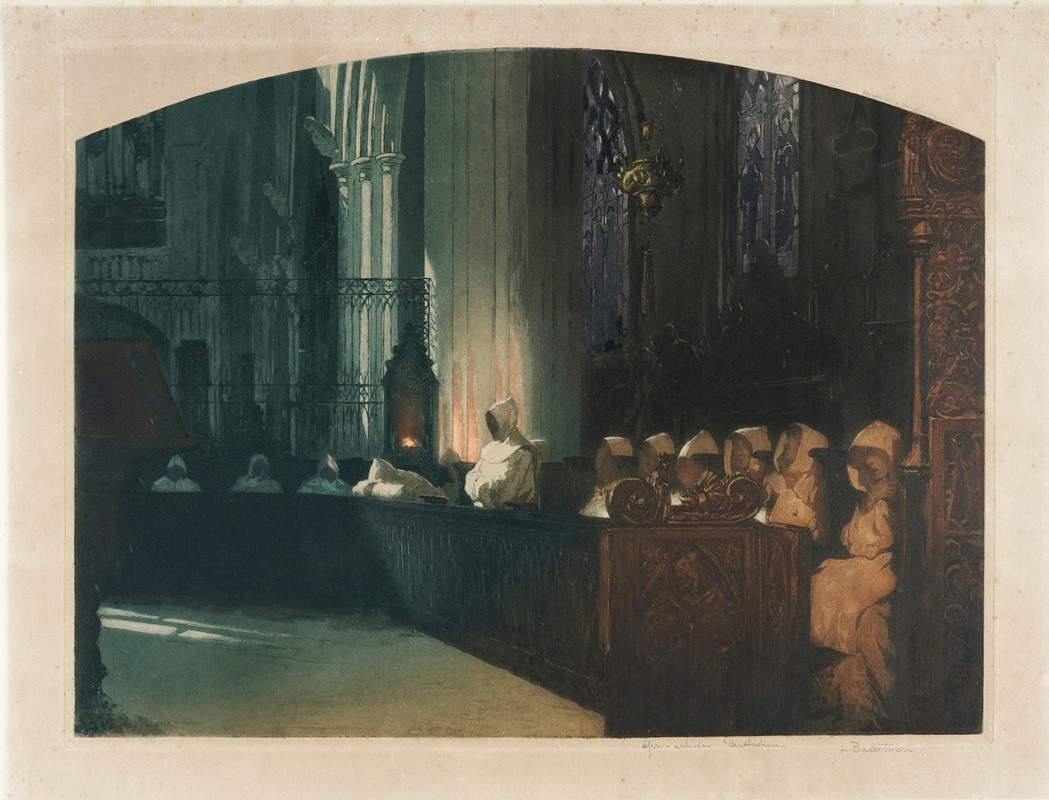 Lionello Balestrieri, Oración. Interior de iglesia con monjes (aguatinta en color, 500 x 650 mm; Colección particular)