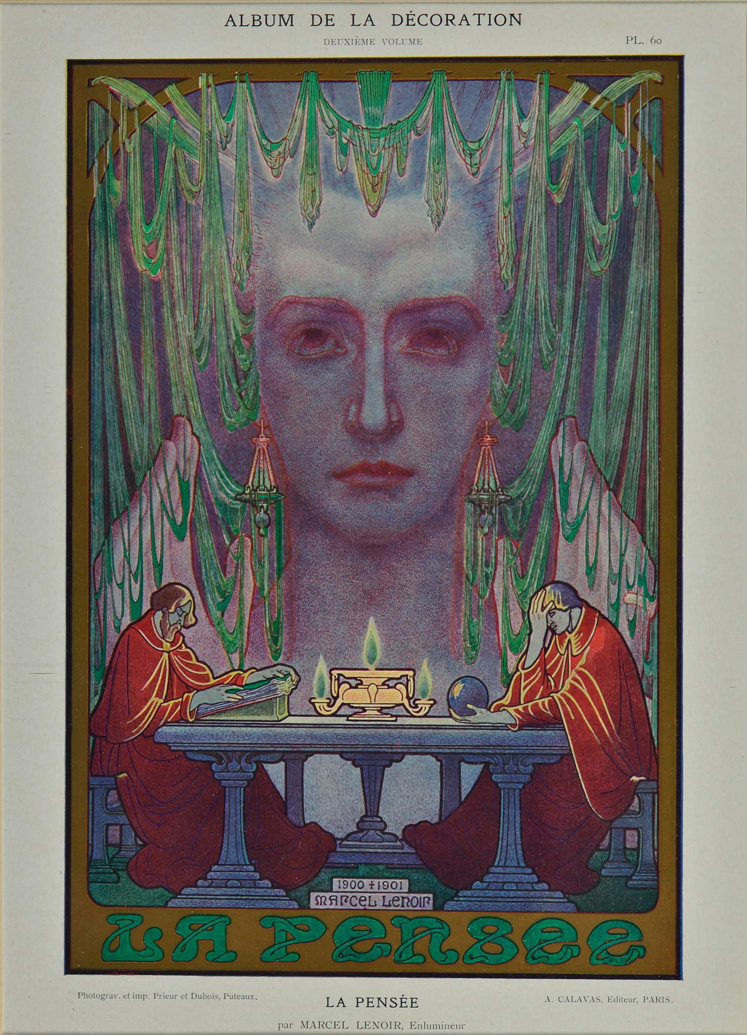 Marcel-Lenoir (Jules Oury), La Pens&eacute;e (Cromotipo, 290 x 190 mm, de Album de la D&eacute;coration, vol. II, París, hacia 1900; colección particular). II, París, c. 1900; colección particular)