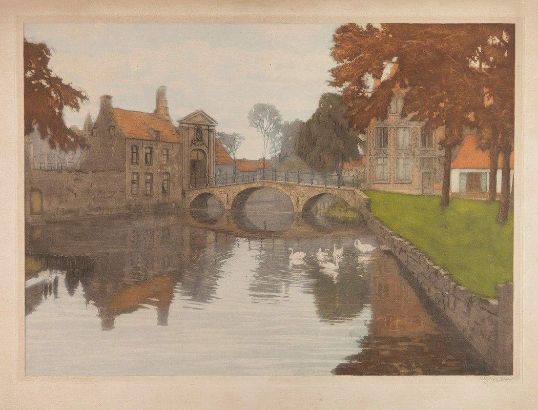 M&eacute;lanie Germaine Tailleur, Brujas, l'entr&eacute;e du Beguinage (1910-1915; aguatinta coloreada, 486 x 660 mm; Colección particular)