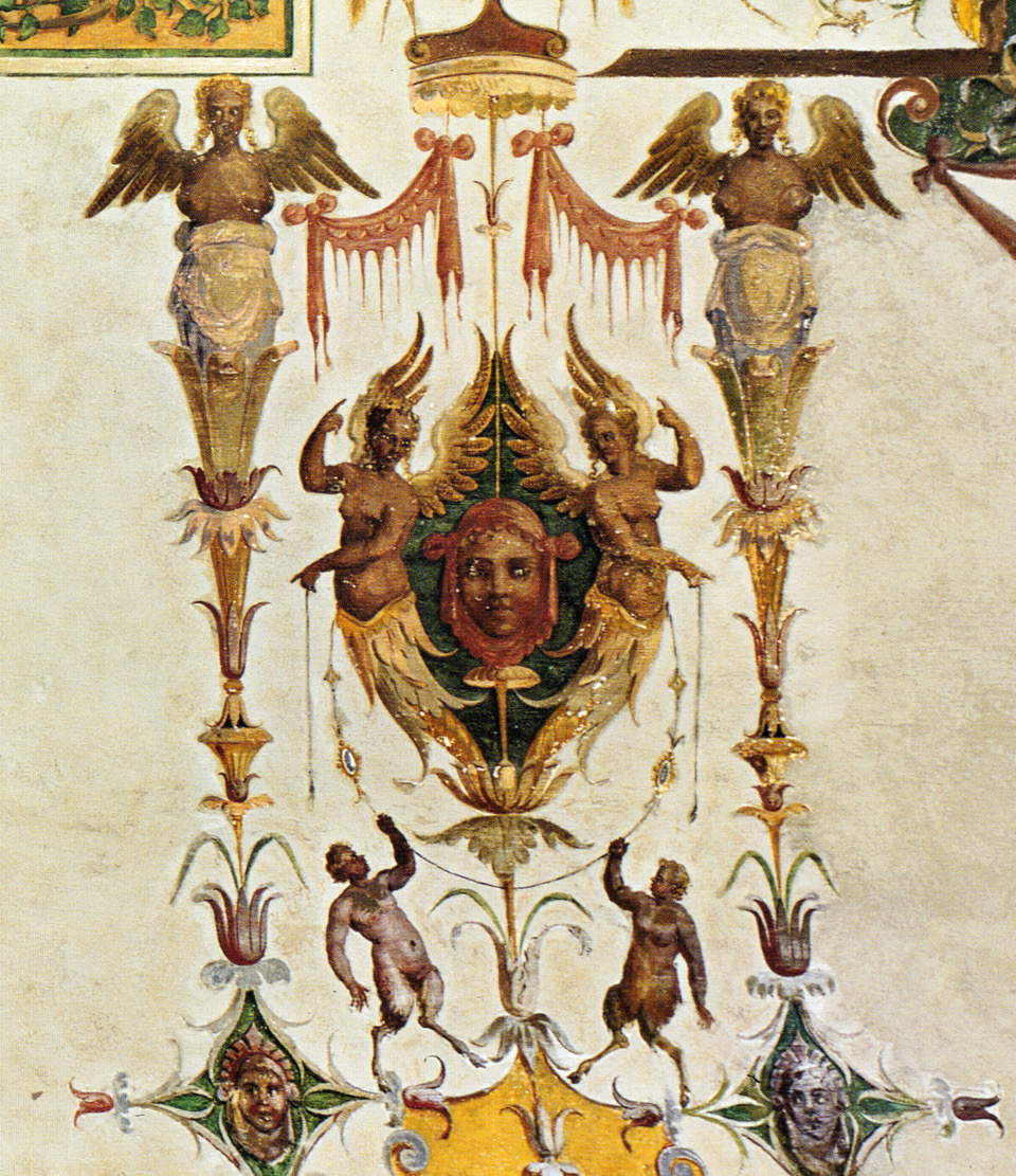 Ein dekoratives Detail der Kompendiumsmalerei des pompejanischen Echos. Man muss den Forschungswert und die  Ein dekoratives Detail der Kompendiumsmalerei des pompejanischen Echos. Man muss den Forschungswert und die